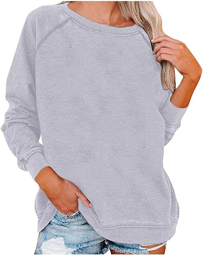KOPLTYRFG Blusas de otoño para mujer, manga larga, cuello redondo, color liso, estilo casual, holgadas, para salir
