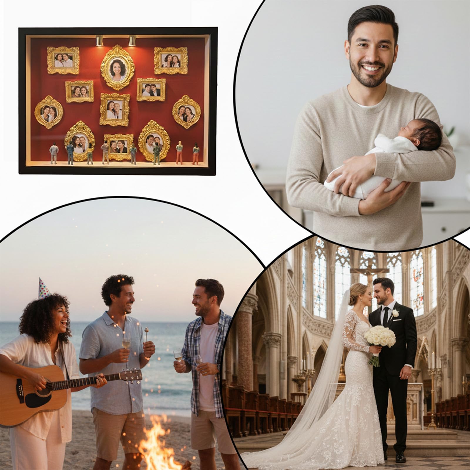 Generisch DIY Mini Museum Silhouette Box, Mini Figuren Menschen Museum, Kreatives Erinnerungsdisplay Kit Mit 8 Figuren & 11 Gold Rahmen, für Hochzeiten, Abschlussfeiern oder Feiertage