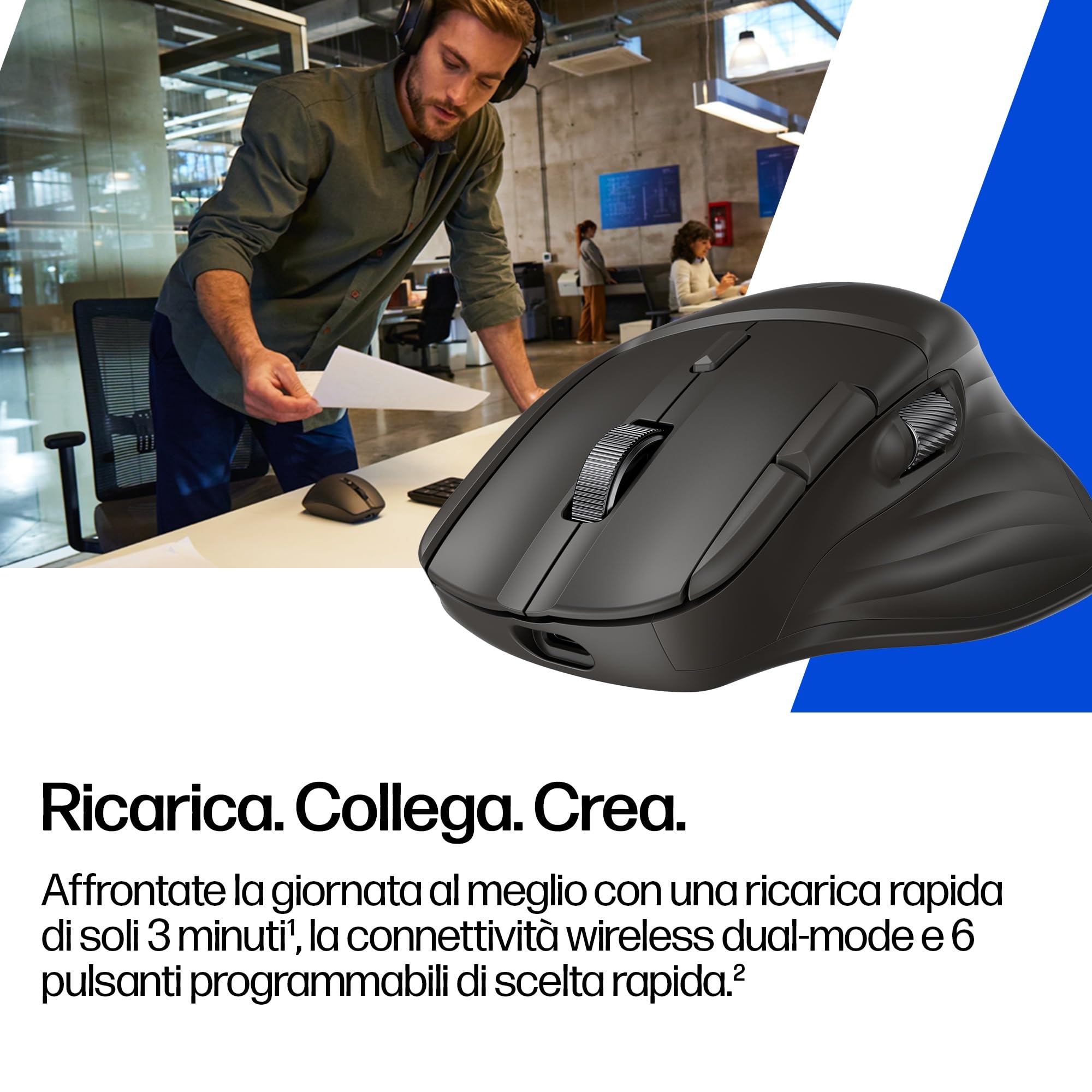 HP 780M Mouse Wireless Ergonomico con Scorrimento Ultra Rapido, Nero | Supercondensatore Ricaricabile, 6K Dpi, Bluetooth, Multi-Dispositivo, Compatibile con Windows e Mac