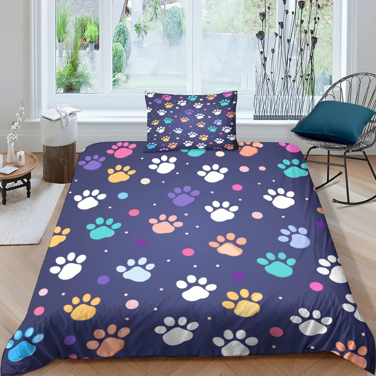 Housse de couette dog empreintes de pattes néon pour lit single ado