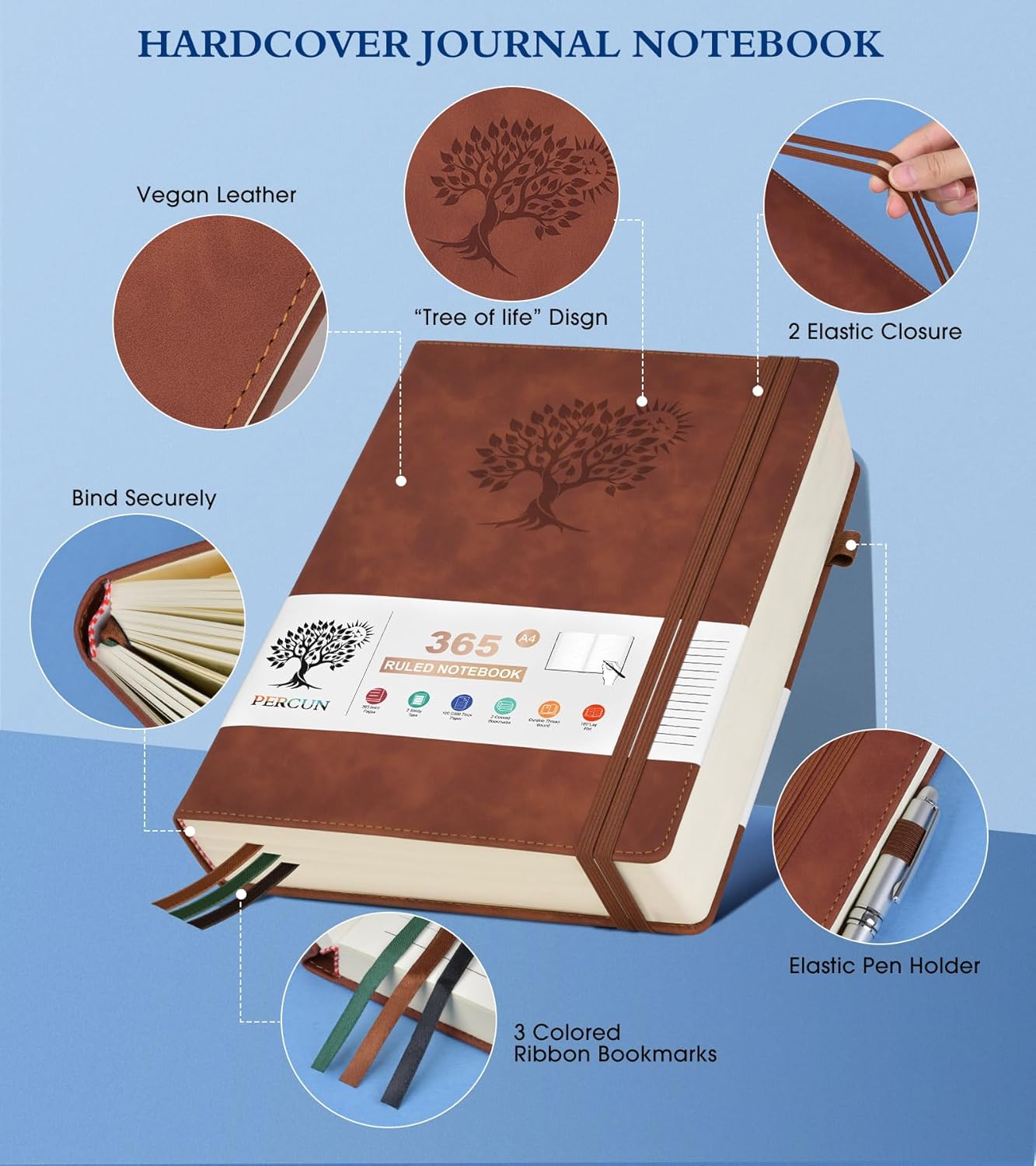 A4 Lined Journal Notebook,365 Page Large Leather Journals for Writing Women Men,Hardcover Notebook with 100Gsm Thick Pages for Travel,Work,School,College Ruled, Daily Diary (8.5" x 11.4") - Image 3