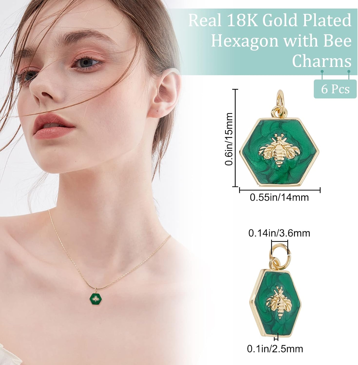 Beebeecraft 1 Box 6Pcs Hexagon Charms 18K Gold Plated Brass Bee Green Enamel Charm Pendants with Jump Ring for Jewelry Making Necklace Bracelet DIY Crafts - Image 2