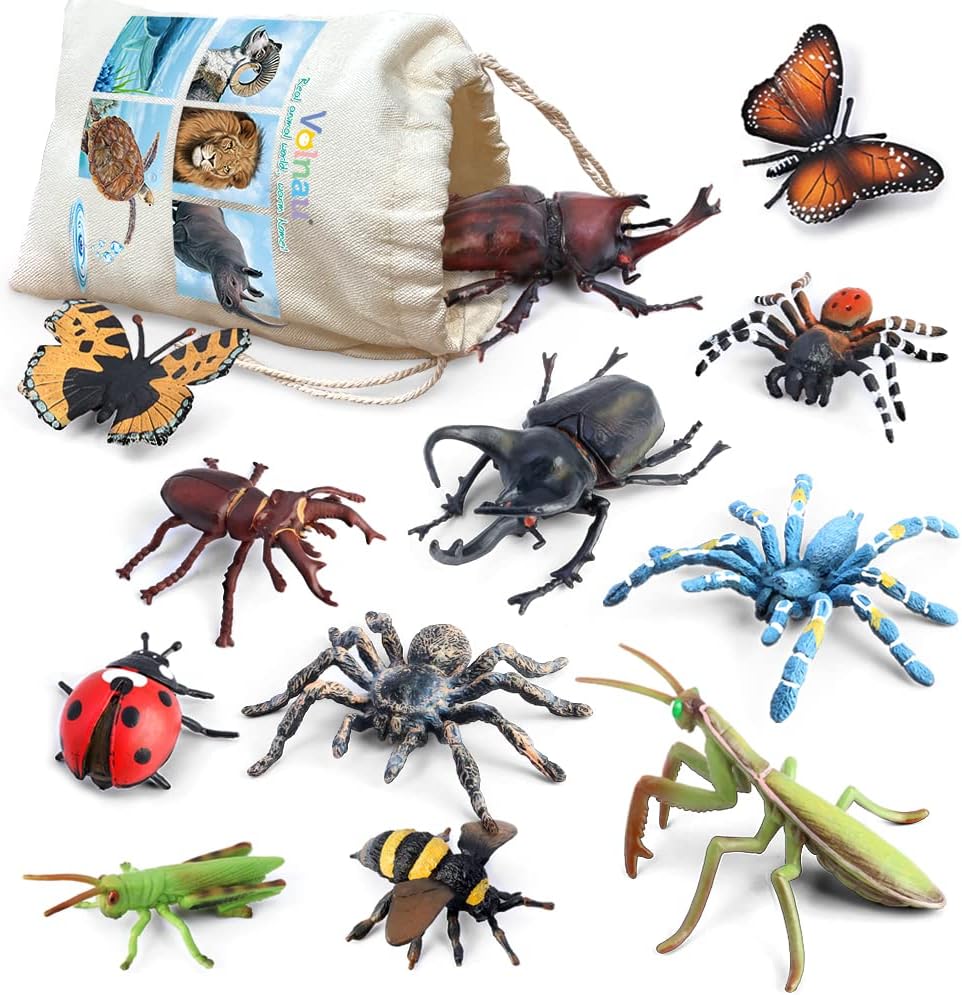 Bug Toys Figurines VOLNAU 12PCS Insect Animal Figures for Kids Toddlers Christmas Gifts Decorations Educational Bee Beetle Mantis Spider Ladybug Butterfly Plastic Model