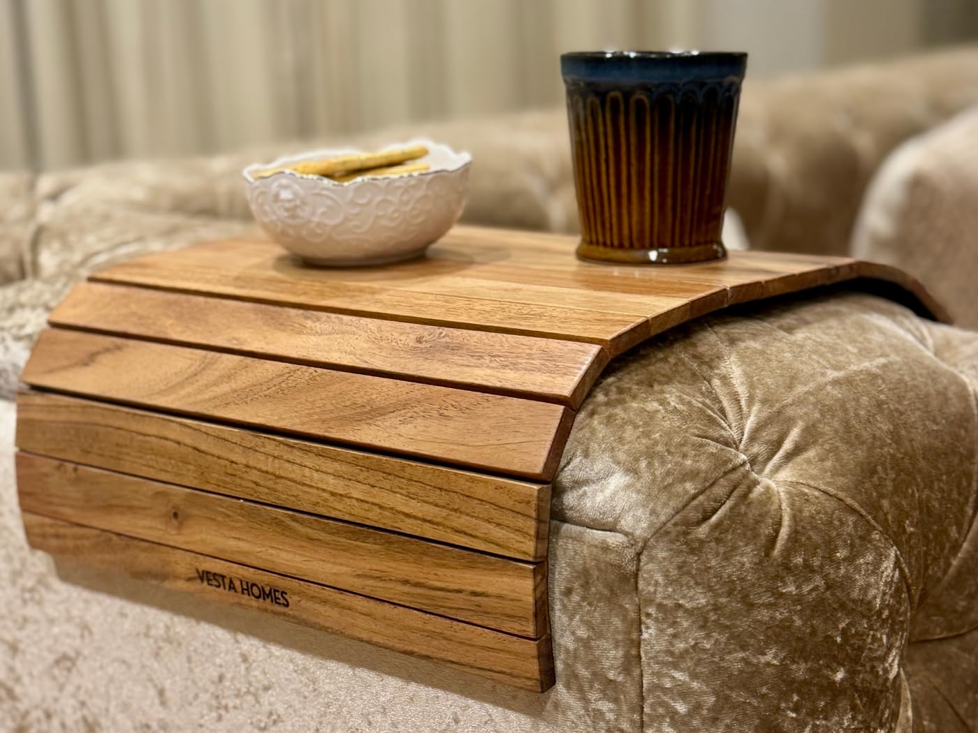 Vesta Homes Large Sofa Armrest Tray Handcrafted Acacia Wood,Flexible & Foldable Dining Rectangular Table Mat,Suitable for Food Drinks Snacks Cup Coaster Handcrafted in India, Brown X-Large