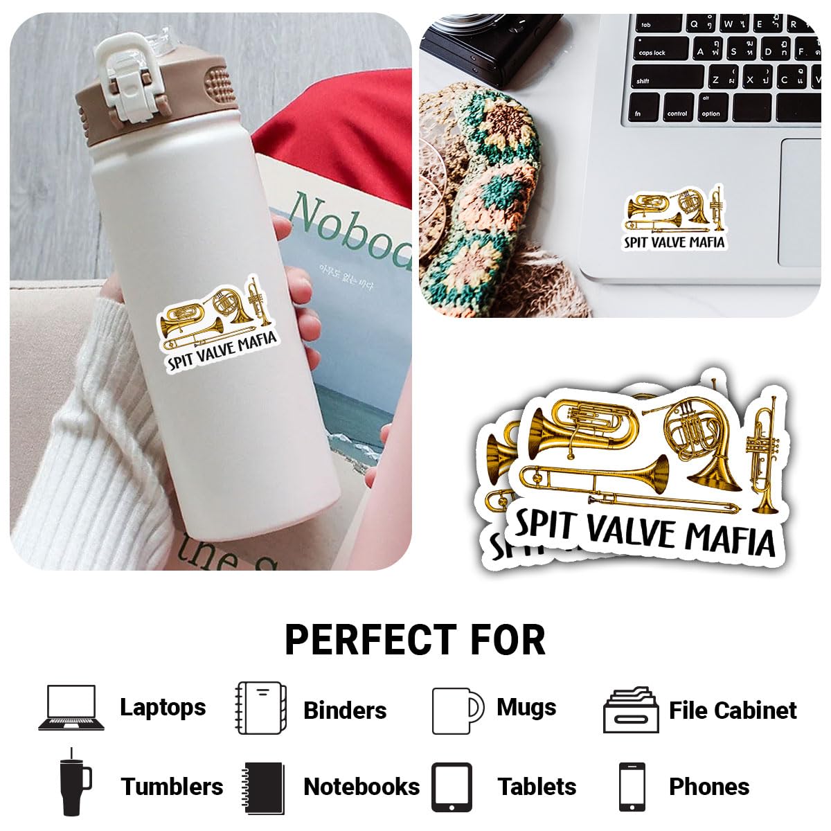 3Pcs Spit Valve Mafia Sticker Brass Player Trumpet Trombone Tuba Gift Spit Valve Mafia Stickers Musician Trumpet Trombone Horn Euphonium Tuba Car Decal for Laptop Water Bottle Toolbox Case (S1, 3")