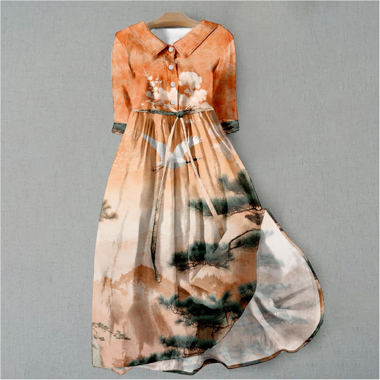 Casual Dresses for Women 2024 Spring Summer Japanese Cranes Plus Size 3/4 Sleeve A-Line Trendy Loose Dresses