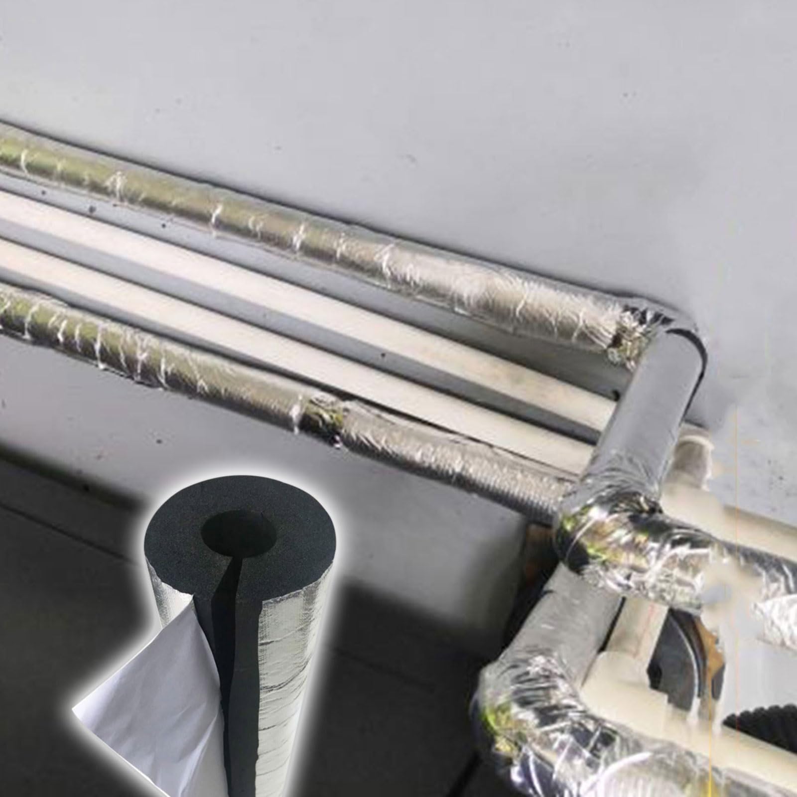Tubo de Aislamiento con Papel de Aluminio Tubería de Aislamiento Térmico Flexible Manguito Aislante Protector para Protección Contra el Congelamiento en Invierno 6 Piezas(2"(50.0 mm))