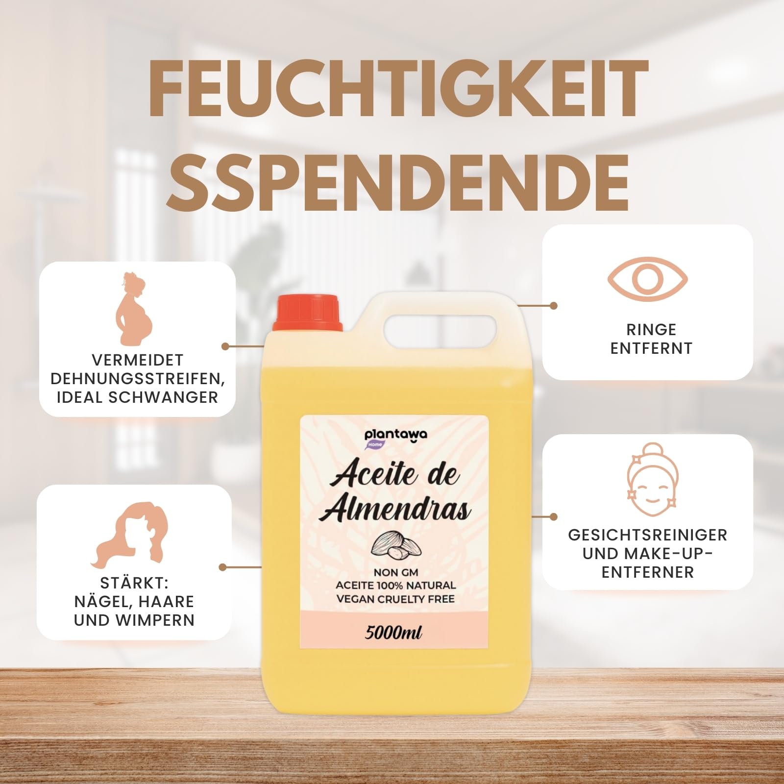 PLANTAWA Süßes Mandelöl 5L | Mandel-Körperöl | Feuchtigkeitsspendend für Haut und Haar | 100% Natürliches Mandelöl von Hoher Qualität und Vielseitigkeit