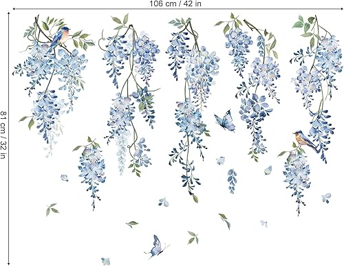 Miniatura 5 de decalmile Hanging Flower Vine Wall Decal Blue Wisteria Floral Vines Wall Stickers Living Room Bedroom Sofa TV Background Wall Decor
