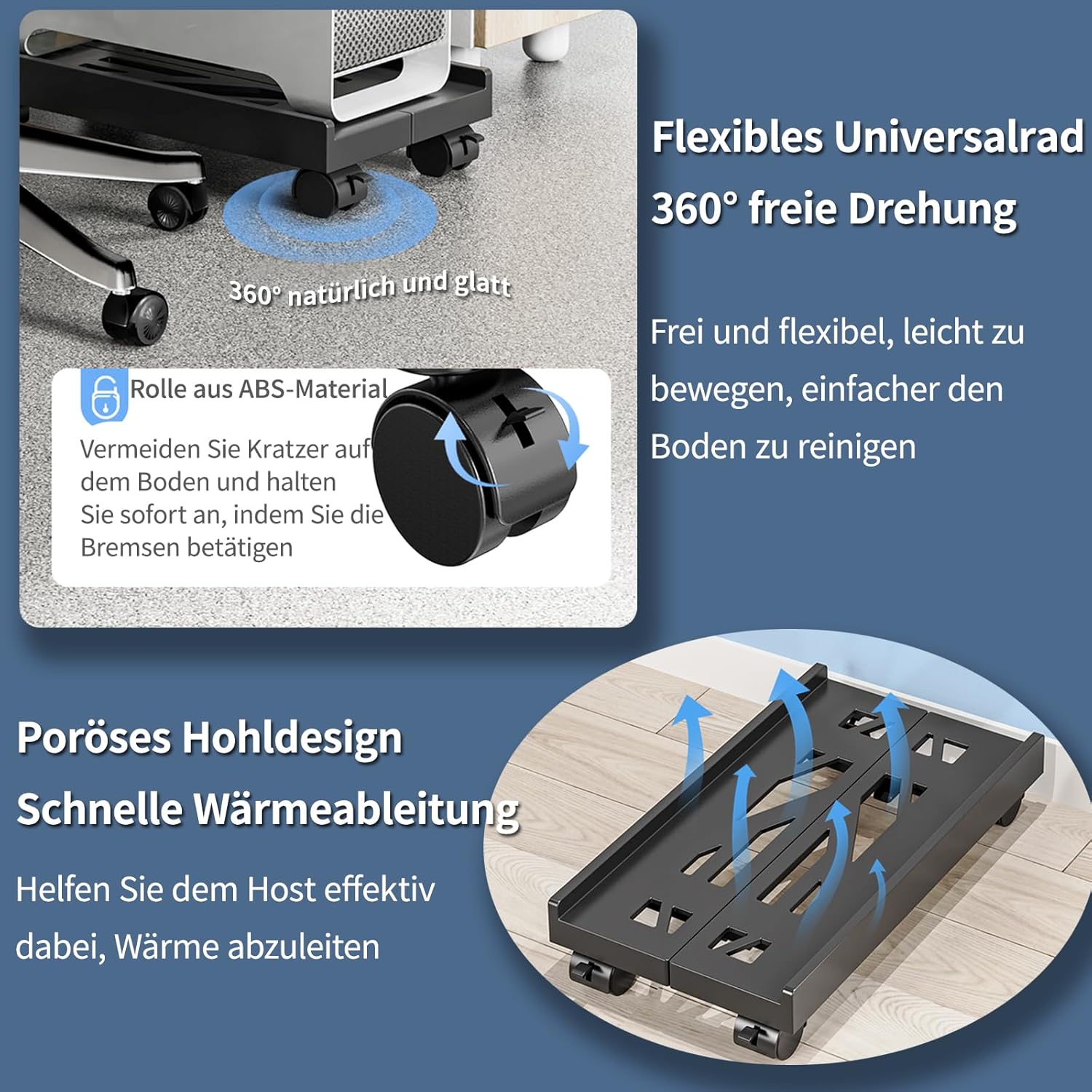 PC Stand, PC Holder Under Desk, Computer Desktop Universal Adjustable with Wheels