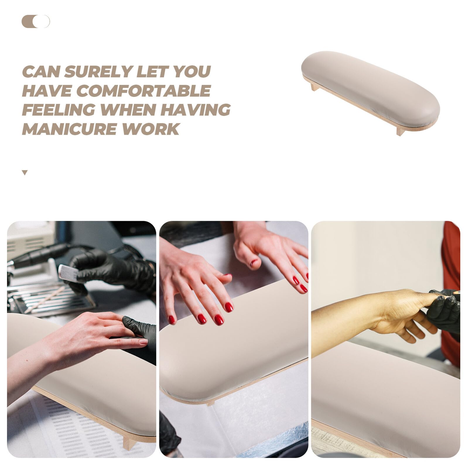 Cuscino Poggiamano per Unghie in Legno e Cuoio, Khaki | Supporto Manicure Stabile, Superficie Liscia e Morbida, per Nail Art e Uso in Salone