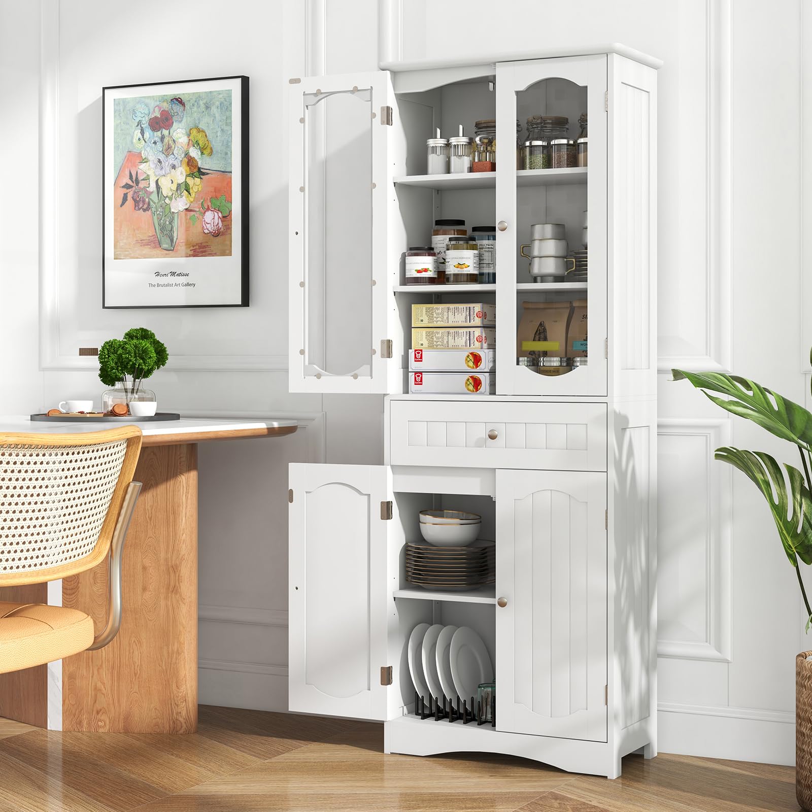 COSTWAY Armario Alto, Mueble Columna de Baño Independiente con 4 Puertas, Gabinete con 5 Estantes y 1 Cajón de Almacenamiento, Armario de Suelo para Cocina o Sala de Estar, Comedor, Oficina (Blanco)