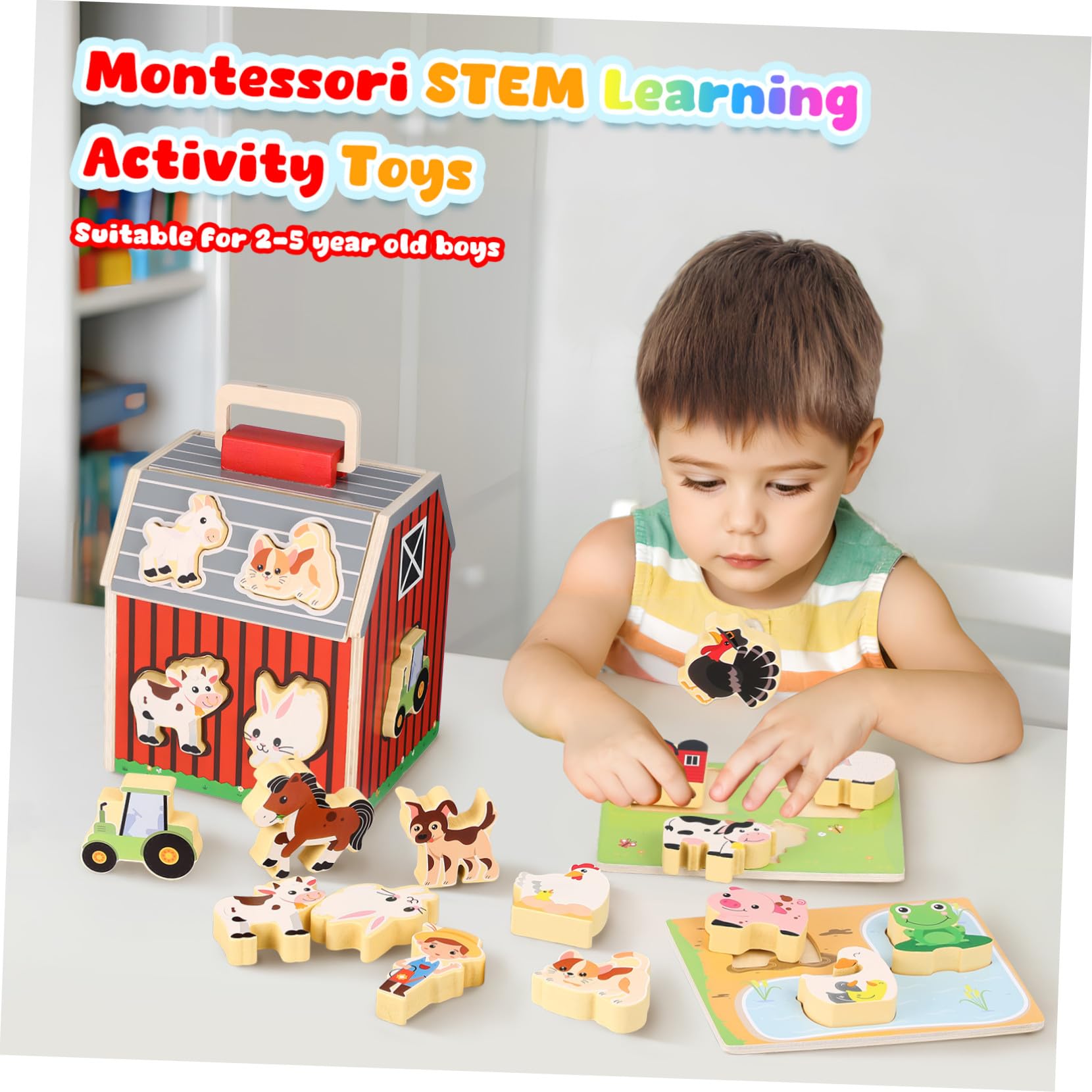 Granja Montessori de Madera para Set Educativo con Animales de Madera Natural para Desarrollo Cognitivo y Coordinación Manual Preescolar