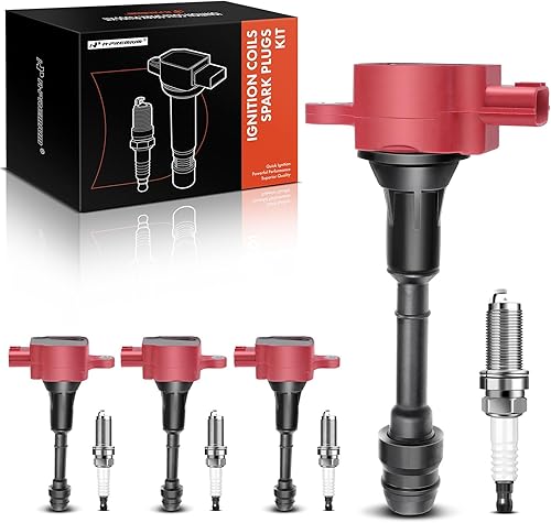 A-Premium Juego de 4 bobinas de encendido (rojo) y bujías de iridio compatibles con Nissan Altima Sentra 2002-2006, X-Trail 2005-2006 L4 2.5L