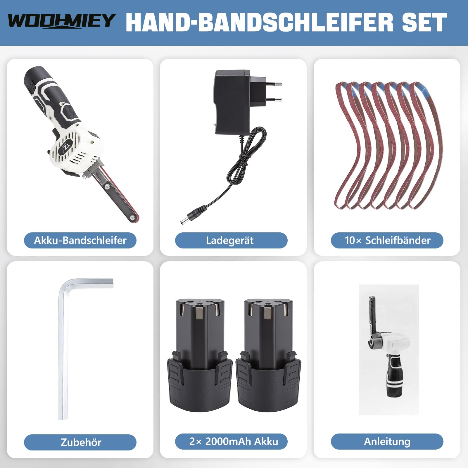 Akku-Bandschleifer, 12 V Lithium-Akku, 7000 U/min, 10 Schleifbänder (80-320 Körnung), Leistungsstarker Motor für Holz, Metall und gebogene Flächen, 2 Stunden Laufzeit, Schnellladung Weiß