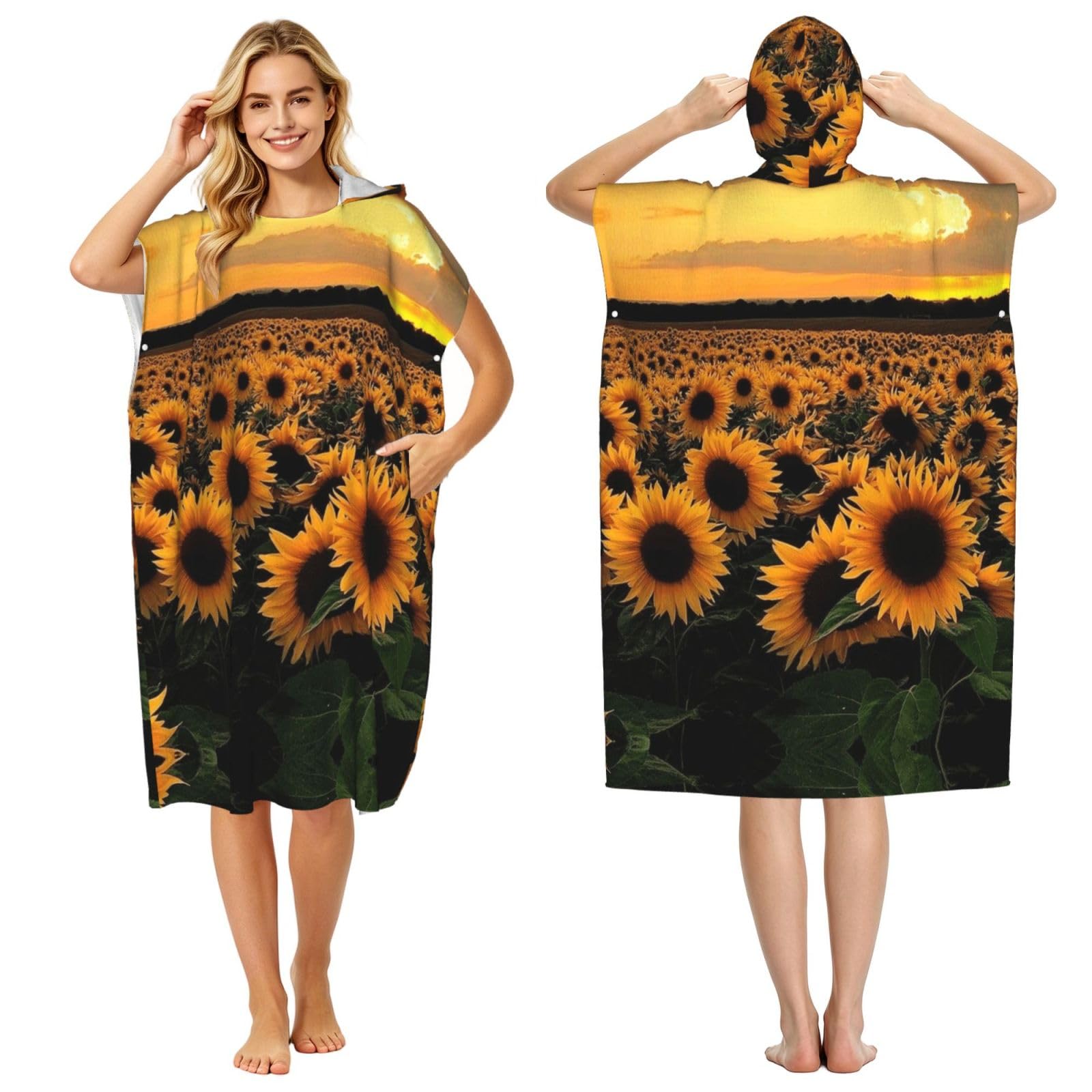 Sunflowers Print Changing Robe, Hooded Towel Poncho For Swimming Pool, Beach,Quick Dry & Light Weight Towelling Poncho For Adults Women Men
