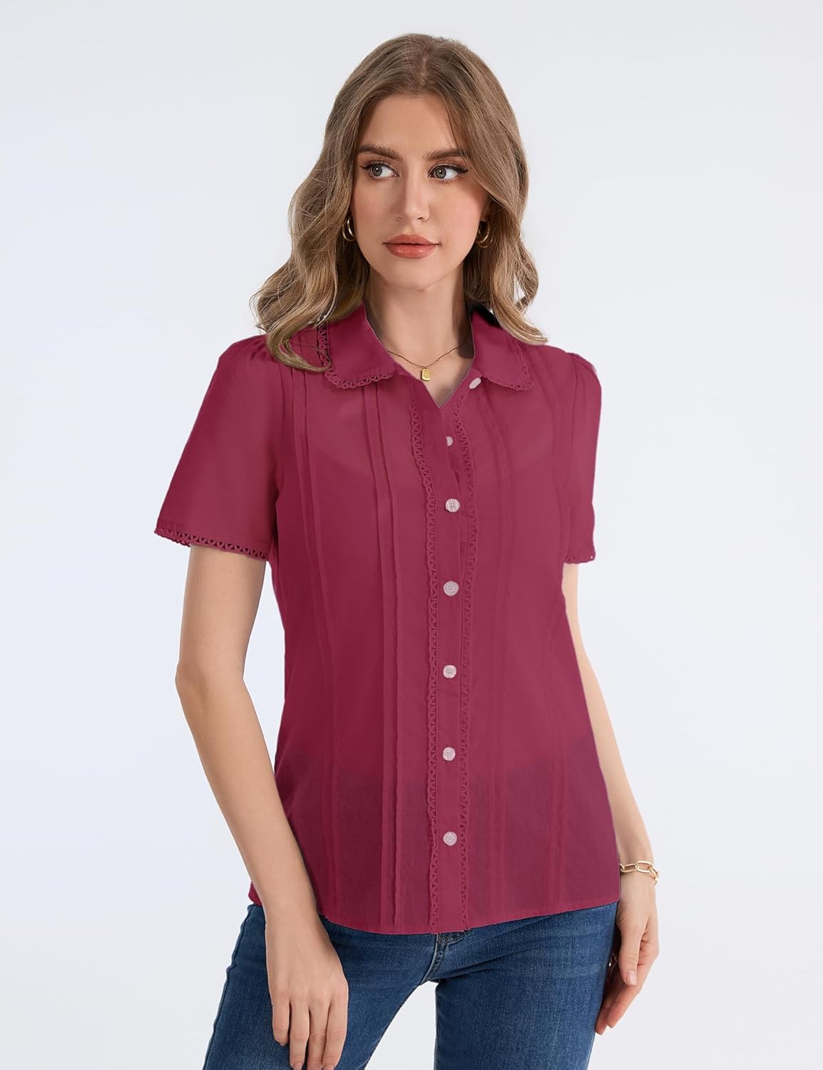 IECCP Button Down Shirts for Women Short Sleeve Lace Trim Sheer Cotton Blouses Spring Summer Tops Casual Clothing 2026 - Image 5