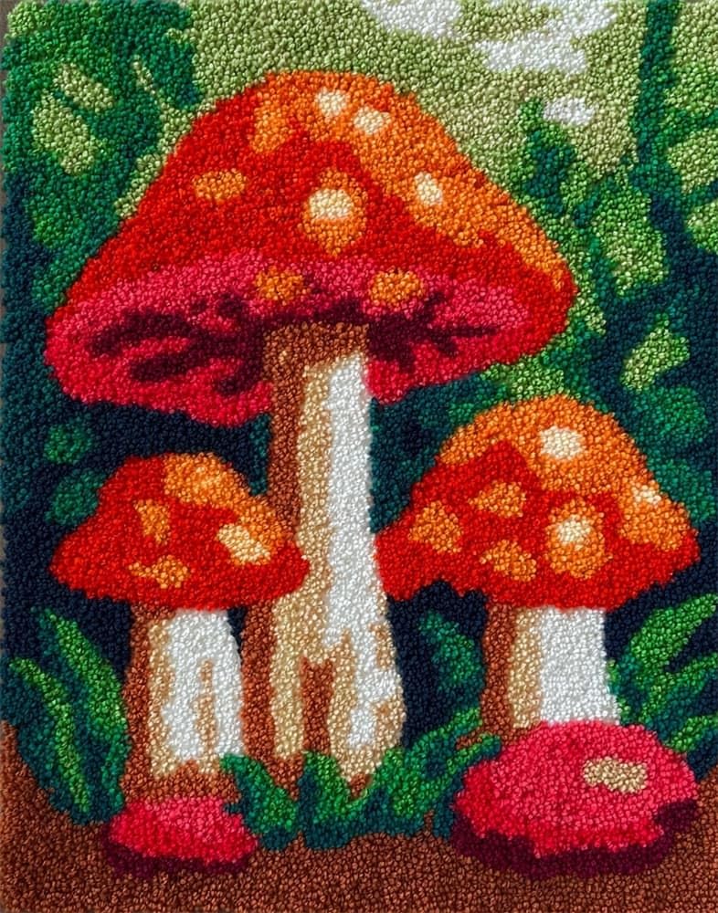 FWRTYCB Latch Hook Kit for Adults and Beginners -Mushroom DIY Tapestry Rug Making with Printed Patterns,20X15Inch Canvas Yarn for Home Décor