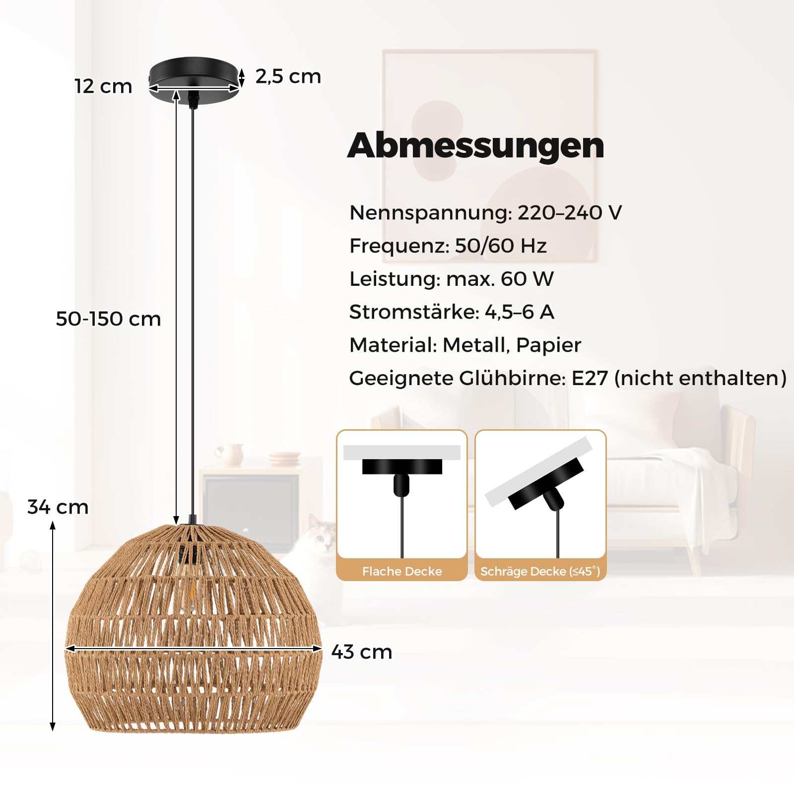 COSTWAY geflochtene Pendelleuchte, Boho Deckenleuchte mit verstellbarer Aufhänghöhe, Bauernhaus Hängelampe mit E27-Basis (Lichtquelle nicht enthalten) für Küche, Schlafzimmer, 43 x 34 cm (kaffee)