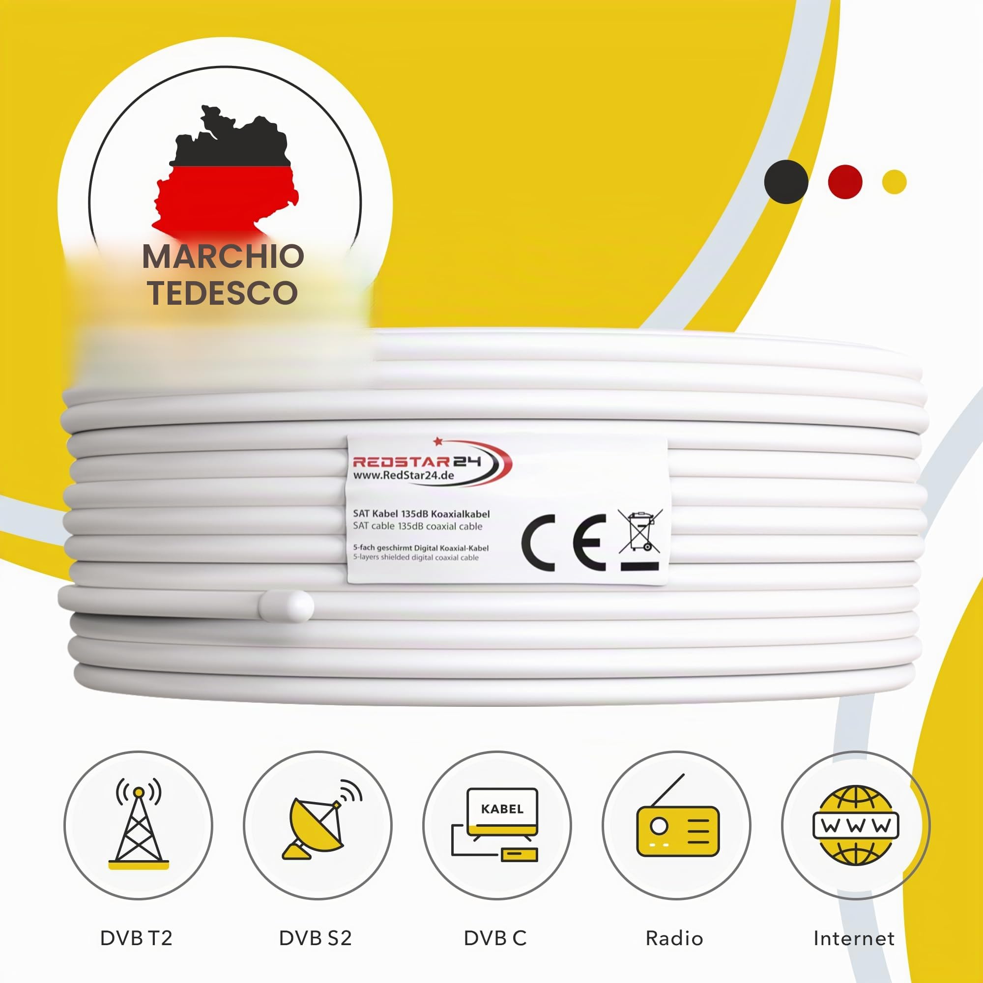 RedStar24 Cavo Coassiale SAT 30m 135dB Digitale | Classe A+ | Schermatura a 5 Strati per Ultra HD 4K DVB-S/S2, DVB-C/C2, DVB-T | Cavo Antenna Coassiale | 10 Connettori F | Bianco 30 Metri