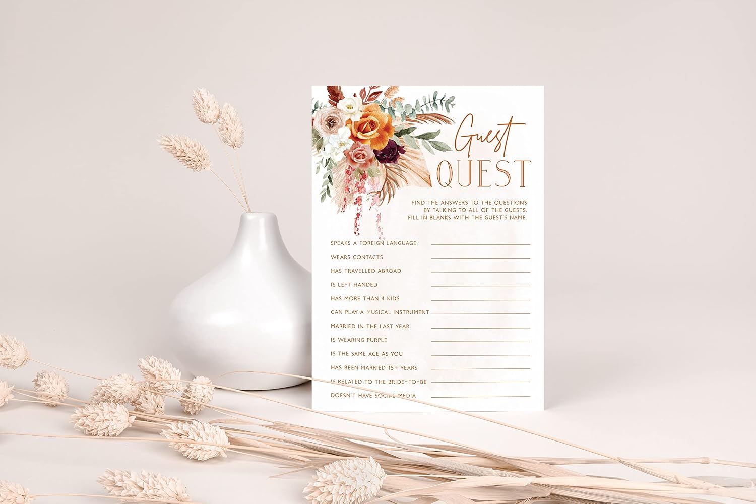 Your Main Event Prints Bridal Shower Games, Boho Floral Terracotta Orange, 25 Cards
