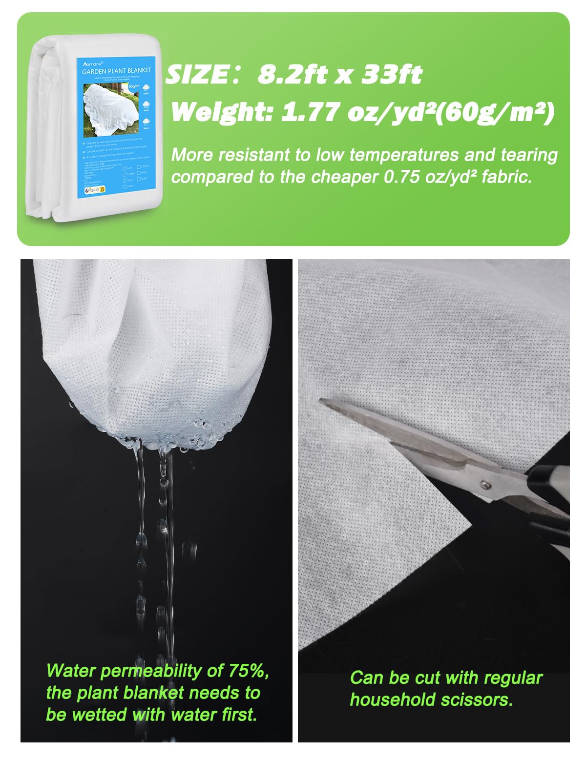 Cubiertas para plantas más gruesas, protección contra la congelación, 1.7 oz/yd², 8 pies x 33 pies, cubierta flotante reutilizable para jardín, tela contra heladas, protección contra la