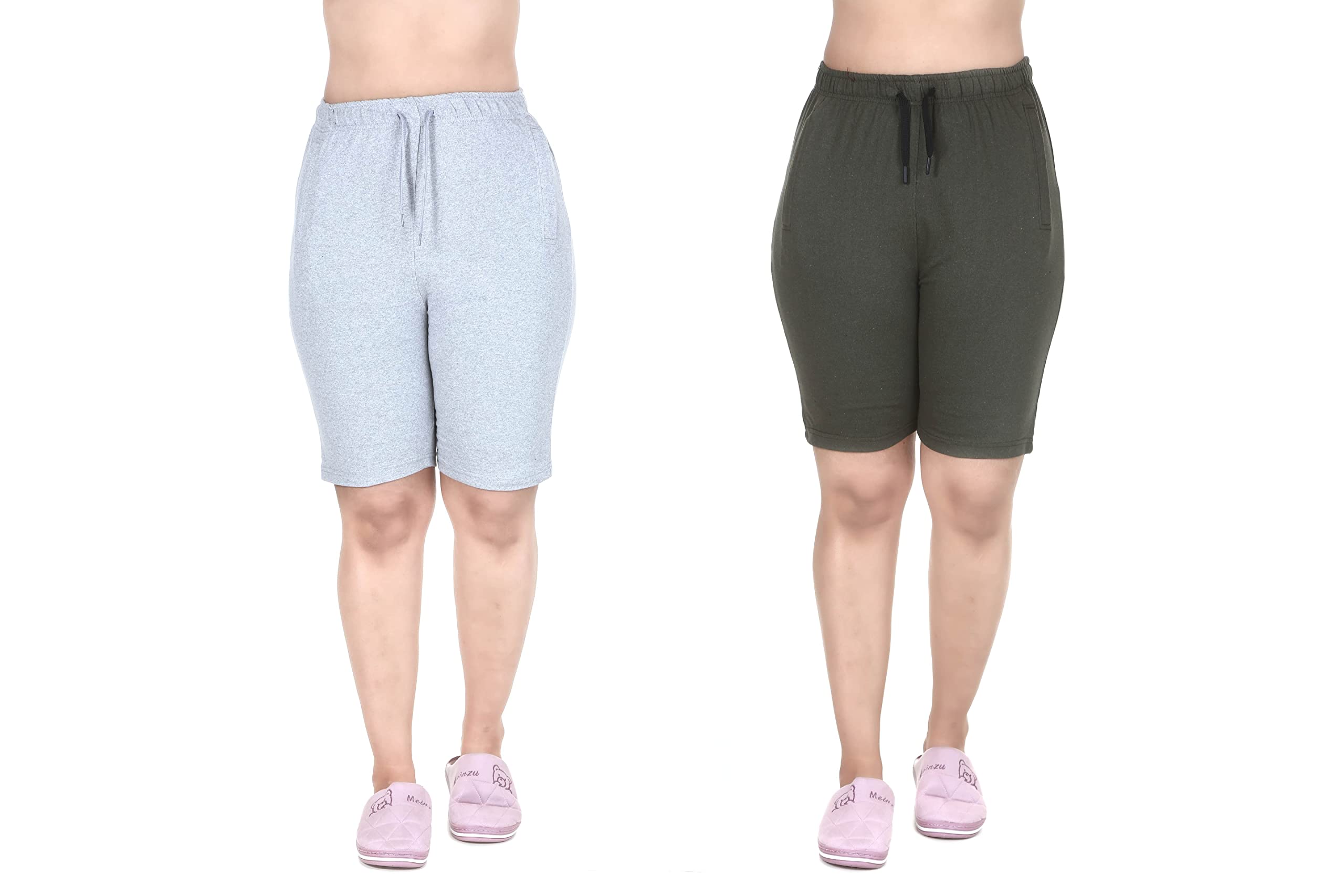 mukhaksh (Pack of 2 = 1 Navy Blue + 1 Green Shorts Women Ladies Girls Yoga Gym Wear Running Casual wear Lounge wear Navy Blue + Green Shorts with String nada and Zipper Pocket Both Sides-picture-29