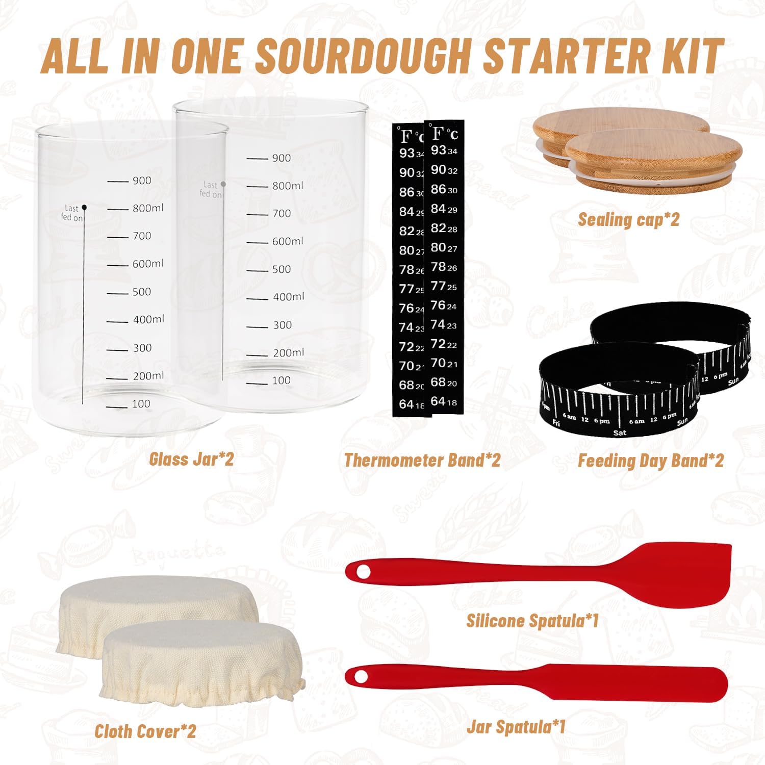 Xileanalee Pro Sourdough Starter Jar Kit 2 Packs-35 Oz Sourdough Bread Starter Jar Kit with Date Marked Feeding Band,Thermometer,Spatula,Cloth Cover& Lid for Sour Dough Bread Loaf (2 Pcs)