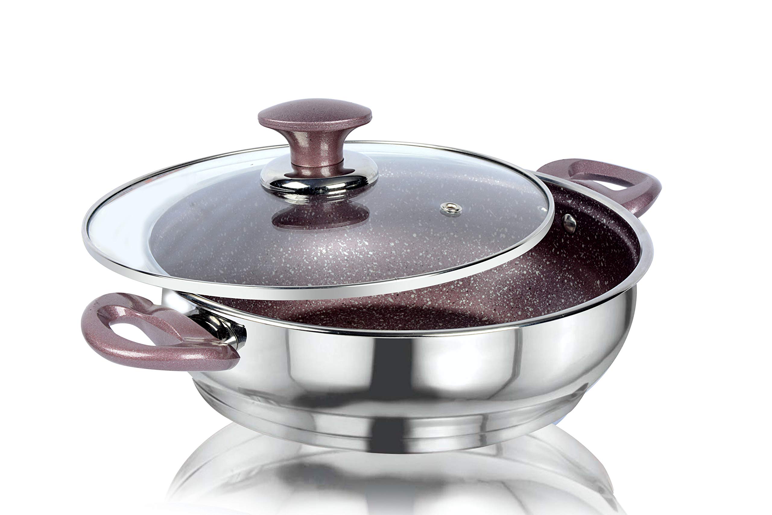 EthicalKITCHENART Stainless Steel Encapsulated Bottom Kadhai with Glass Lid 26cm Diameter Peach