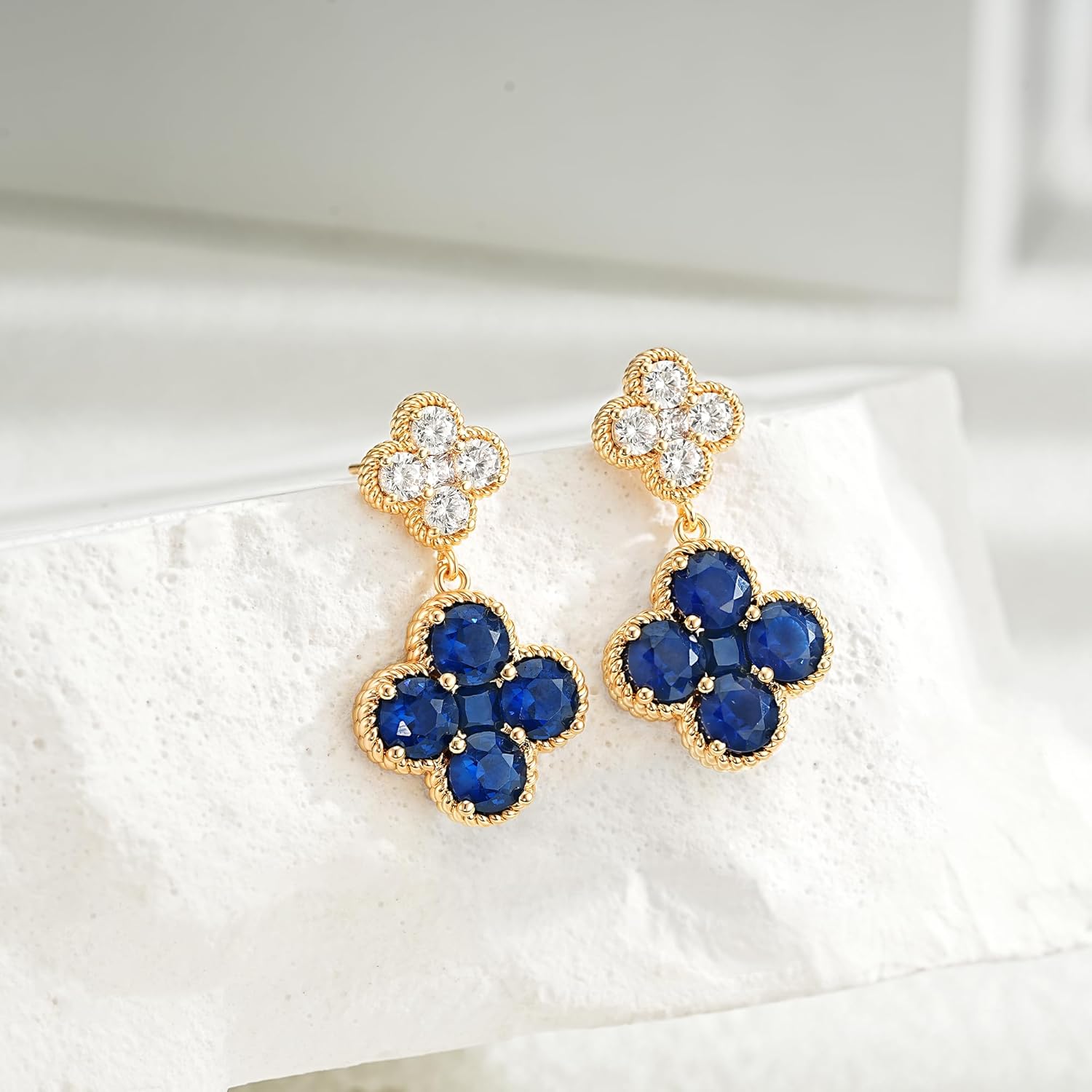 14K Gold Plated Double Plum Blossom Dangle Birthstone Four Leaf Clover Stud Earrings for Women, Hypoallergenic Drop Trendy Dainty Gold Earrings Birthday Gifts - Image 4