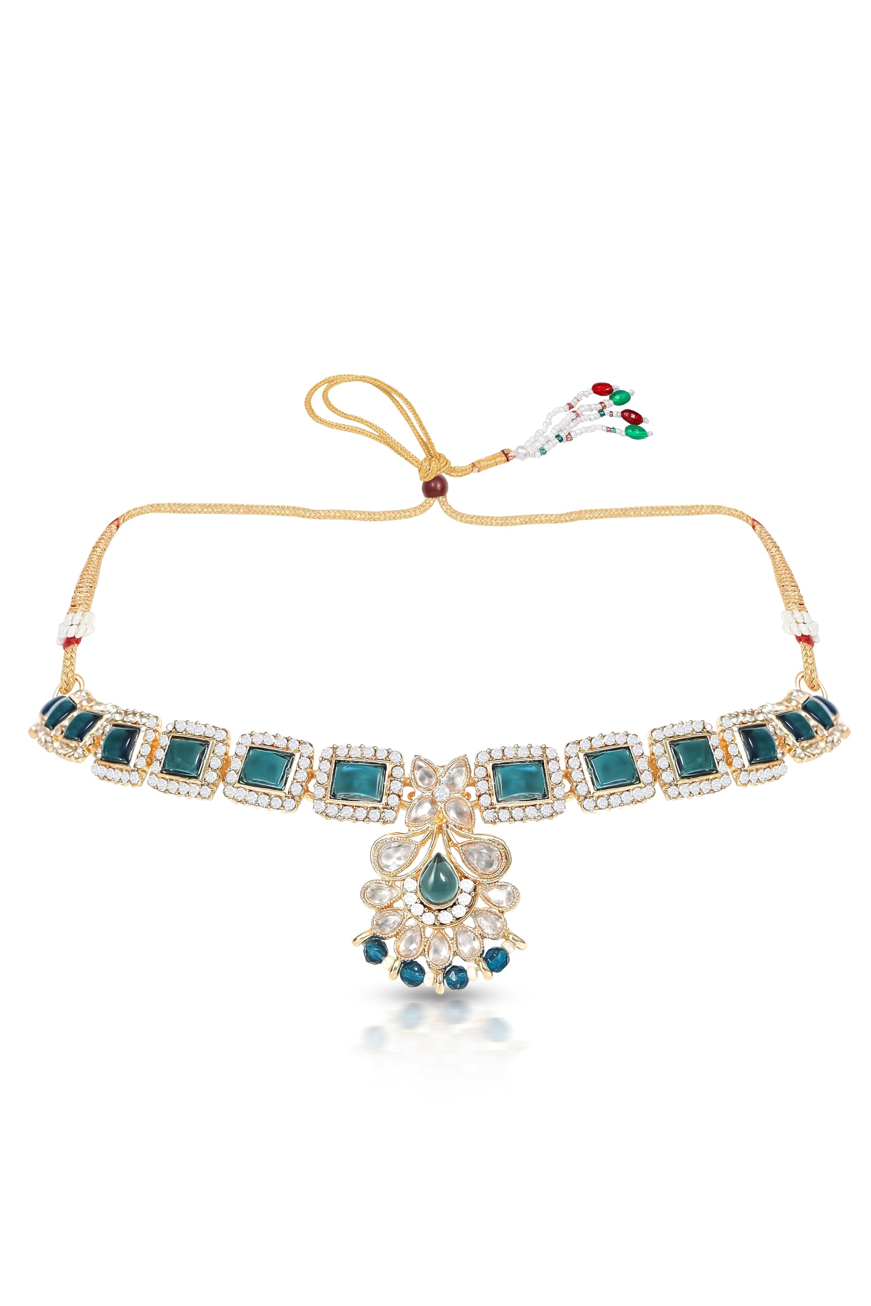 IIJ Teal Blue & Ruby Design Choker | Sparkling Square-Shaped Rhinestone Kundan Pearl Layer Crystal | Dangle Earrings Set | Flower Maang Tikka Design for Wedding Jewellery Set for Women and Girls (B0D9H9R6FV) Amazon Price History, Amazon Price Tracker