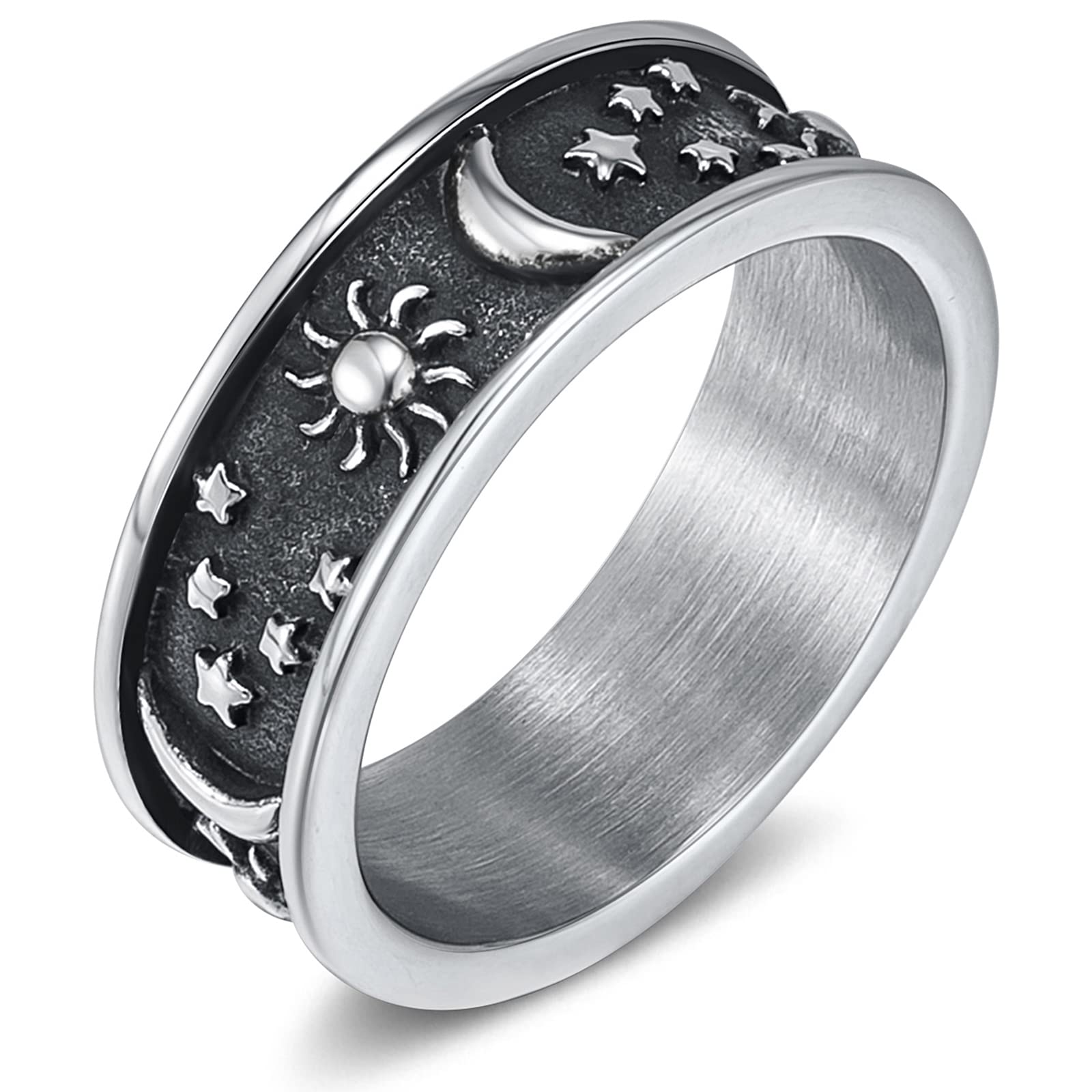 ReaowazoGothic Rings Moon Star Sun Statement Ring Moon Phase Ring Stainless Steel Boho Rings Punk Cool Jewelry for Men