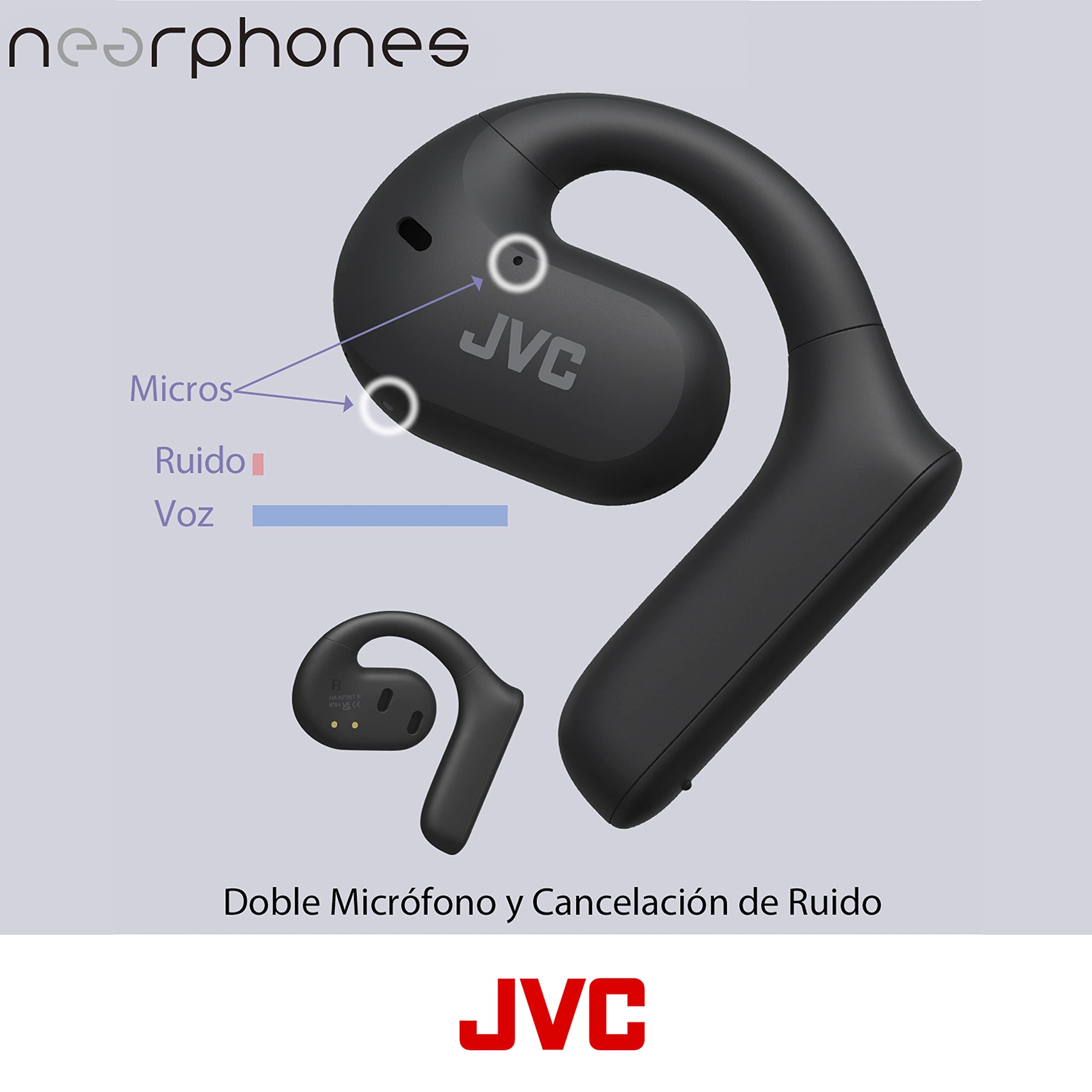 JVC Auriculares inalámbricos Deportivos 27h de Batería, Sonido, Auriculares de Oido Abierto, Resistentes al Agua IPX4, Doble Micro, Auriculares Running para Correr - HA-NP35T-B, Negro