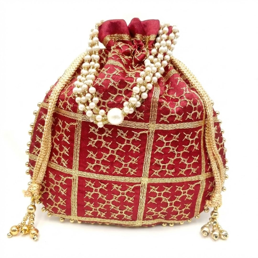 Traditional Silk Potli Bag for Women, Yellow Embroidered Peacock Pattern, Pearl Chain Handle, Drawstring Bridal Handbag with Gold Zari Work, Round Shape,-image-27
