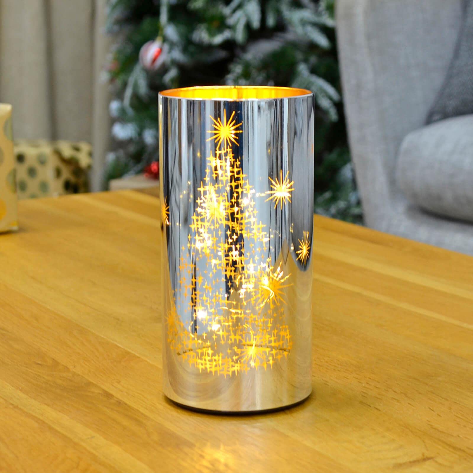 Mr Crimbo 20cm Christmas Cylinder Lamp LED Light Etched Glass Tube Black Silver - Christmas Tree