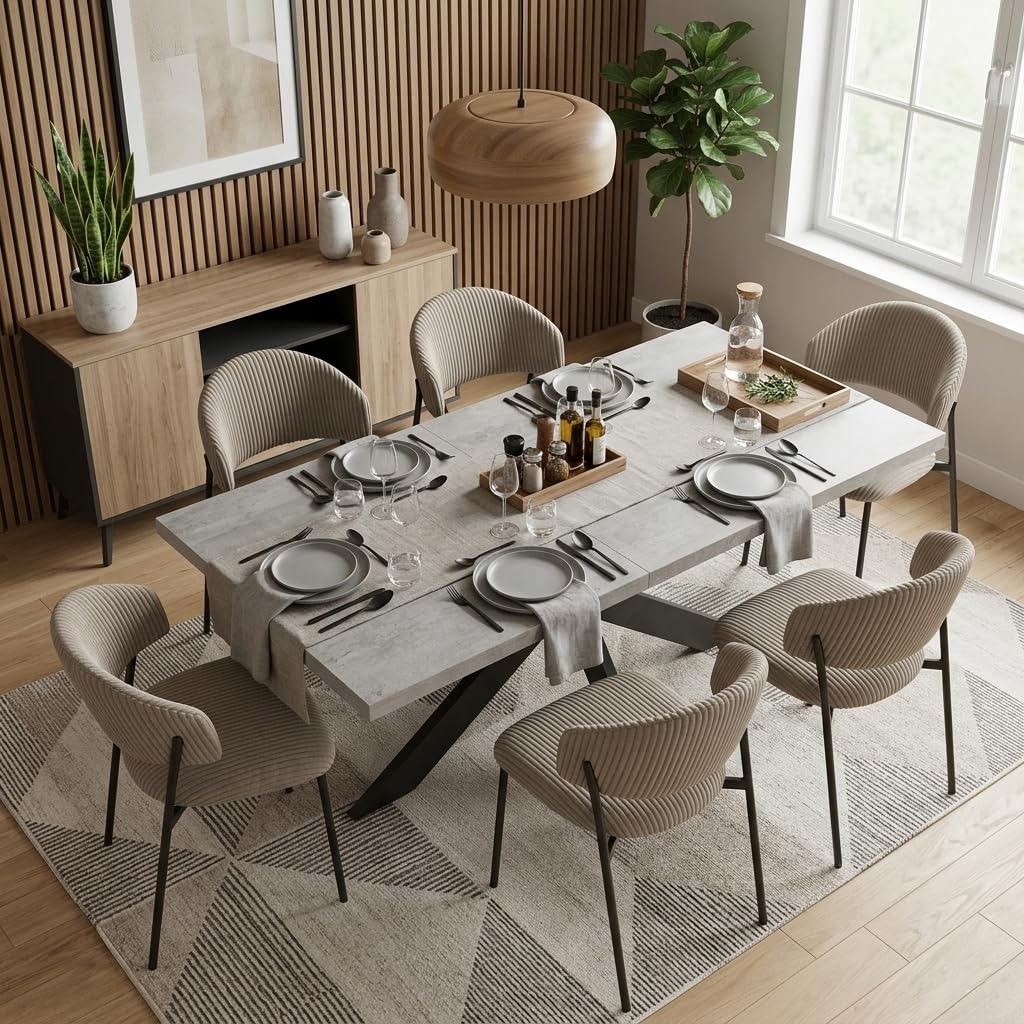 JIEXI Set di 6 tavoli da pranzo allungabili, 130 x 170 cm, 6 sedie in tessuto, superficie rettangolare in MDF e polvere di cemento, stile moderno e contemporaneo, per sala da pranzo e cucina