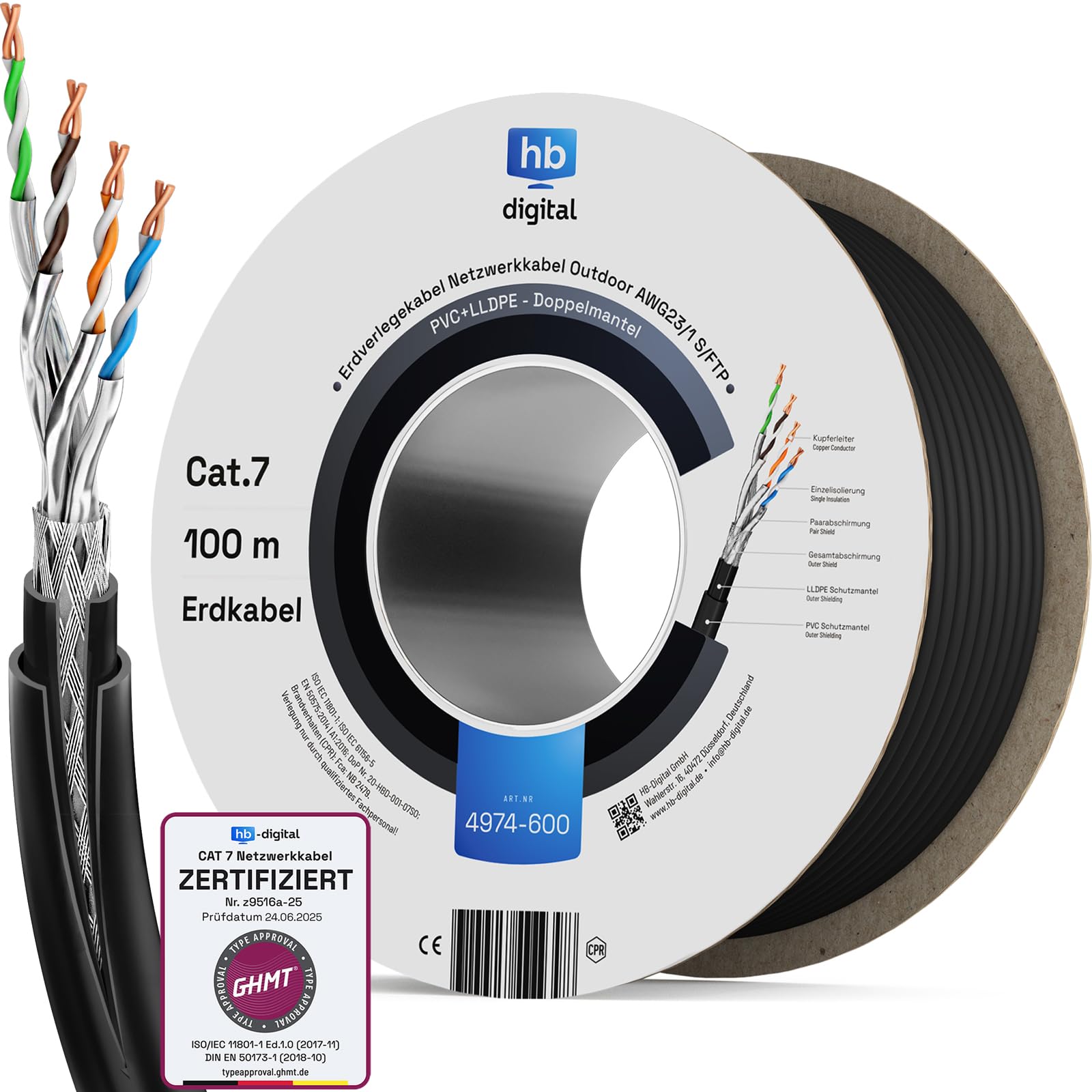 HB-DIGITAL Cavo di rete CAT 7 Outdoor per posa diretta a terra S/FTP AWG23/1 puro rame resistente ai raggi UV PoE 10 Gbit/s Ethernet - Nero