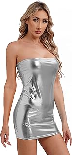 Hedmy Women's Shiny Metallic Strapless Tube Dress Sleeveless Night Club Party Bodycon Mini Dress Clubwear