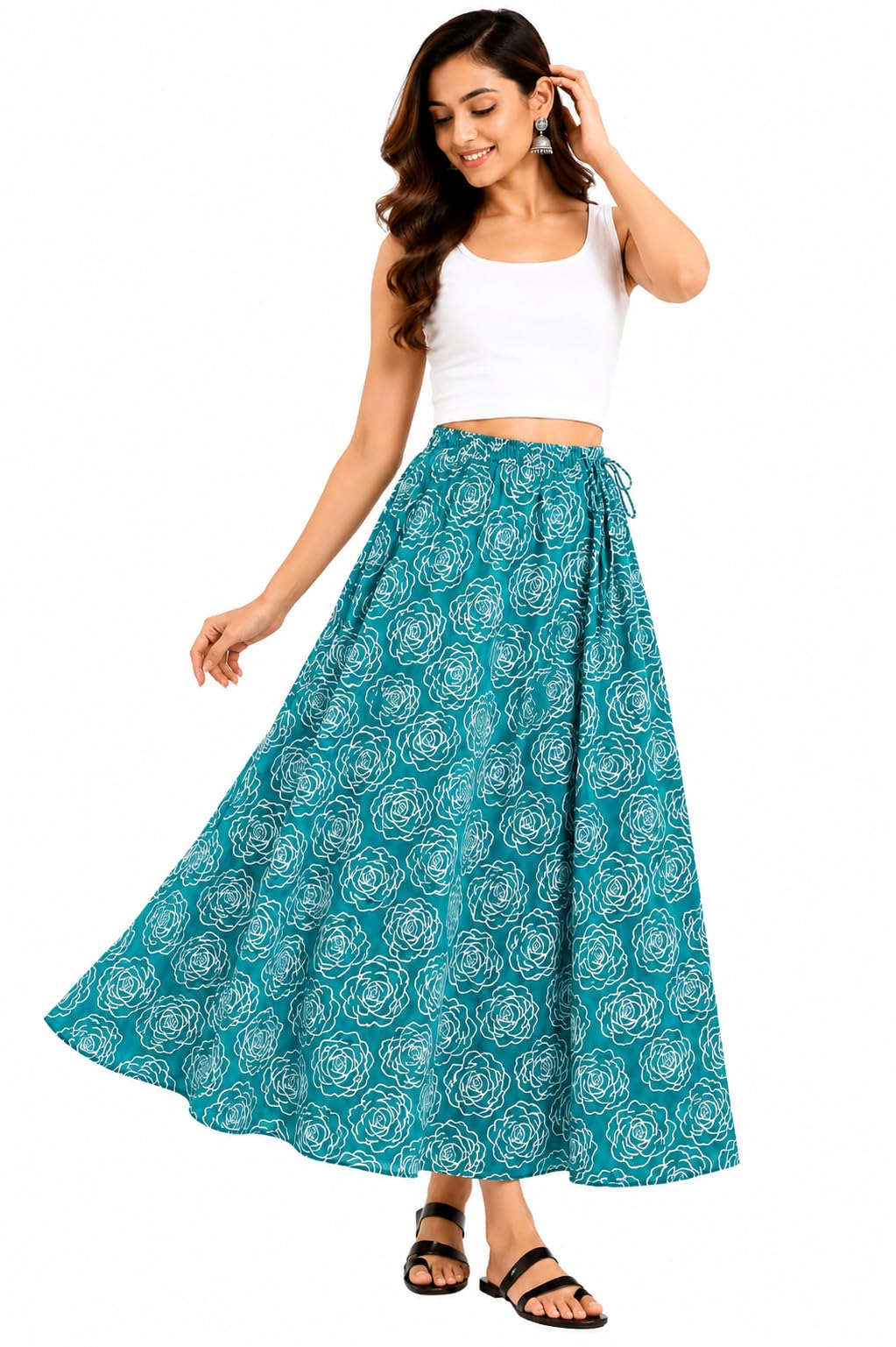 grace18 Women's Cotton Flared Long Skirt (Waist Size: 26" to 42"; Length 39 Inch, Size Fits to - M, L, XL) Green-picture-38