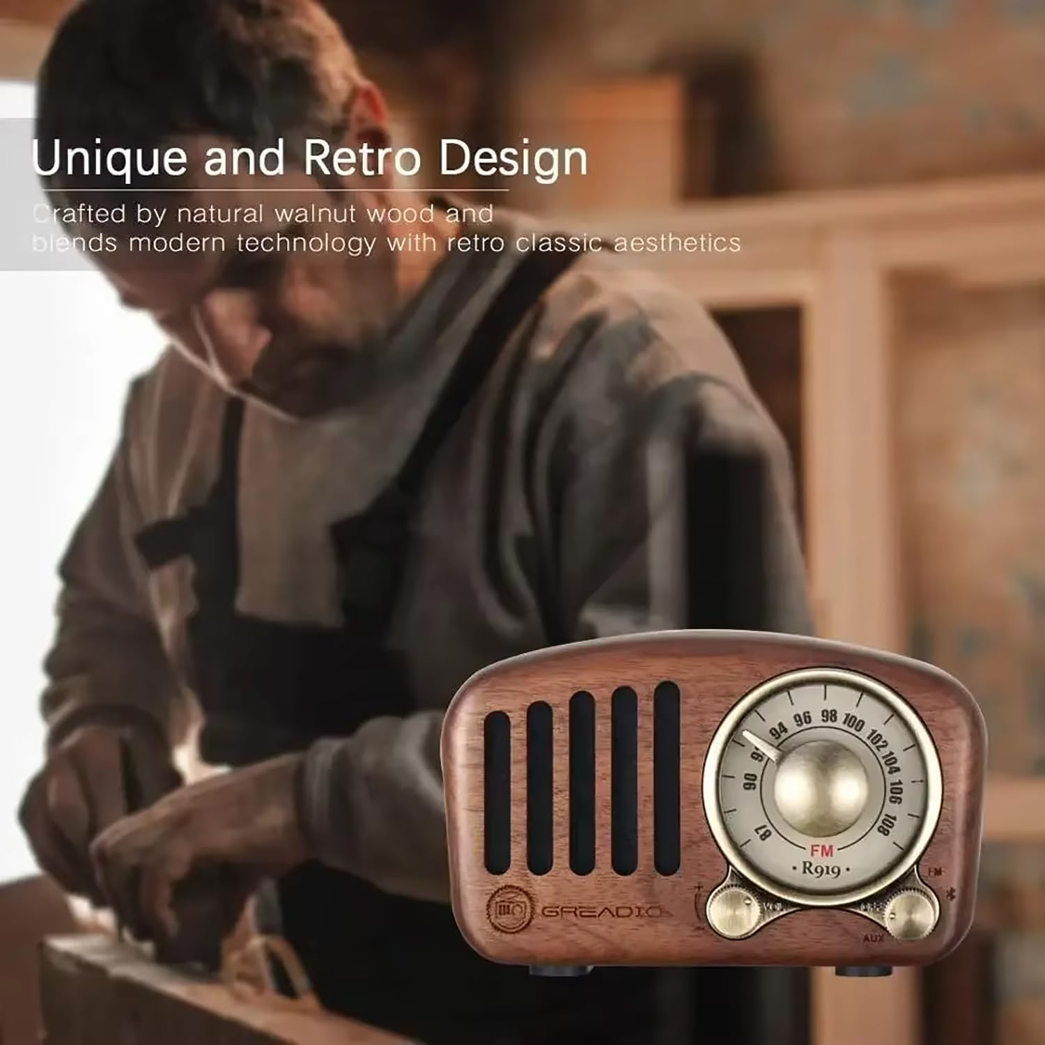 Radio Bluetooth w stylu vintage z dużym oknem tuningowym kompasu, bateria 1100 mAh, głośnik mono, jednopasmowy FM, żywotność 8 godzin, idealne do użytku domowego