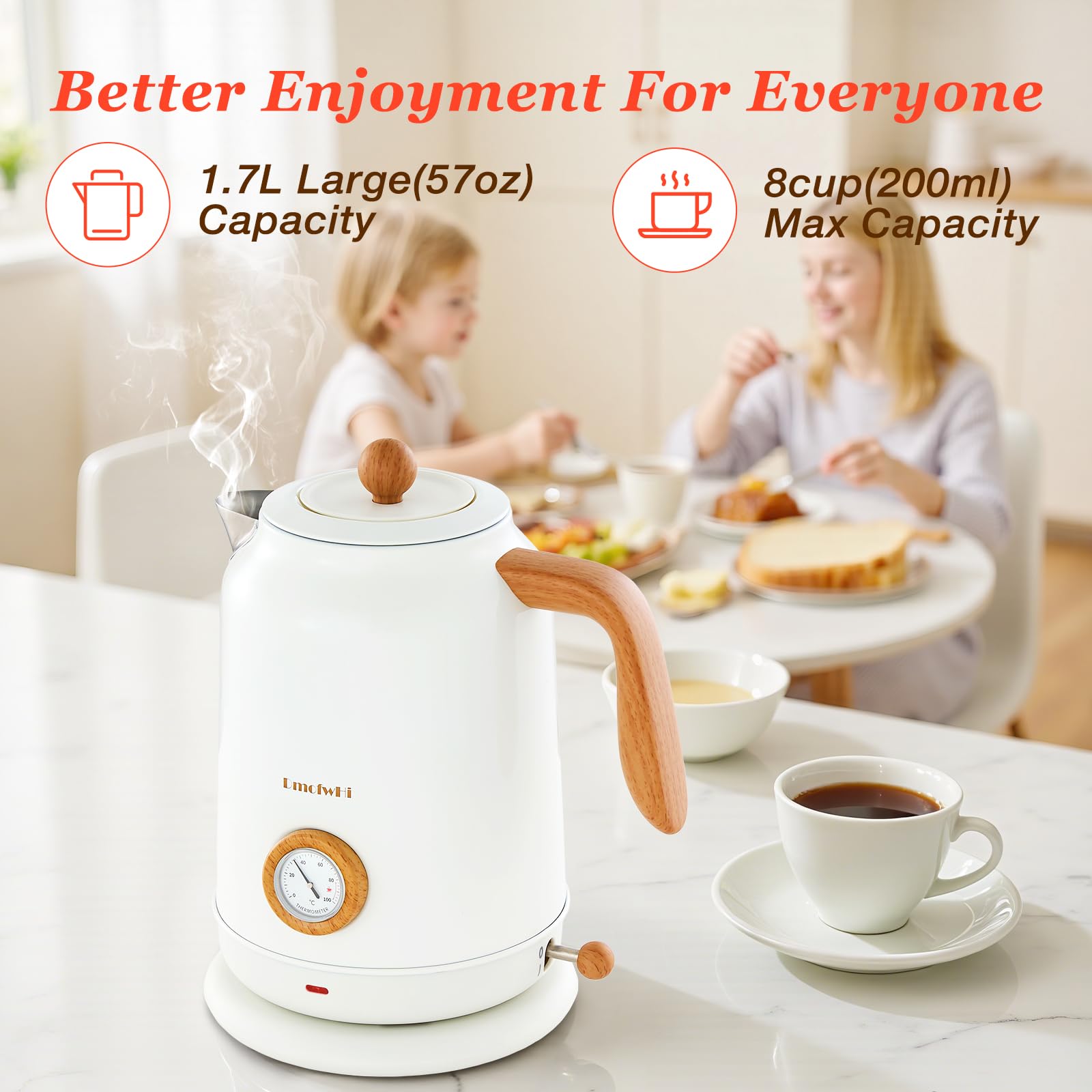 DmofwHi Bollitore Elettrico Acciaio Inox 1,7 Litri, Teiera Elettrica Vintage con Indicatore di Temperatura e Termometro, Silenzioso e Base a 360° - Perfetto per la Famiglia per Caffè e Tè, Bianco