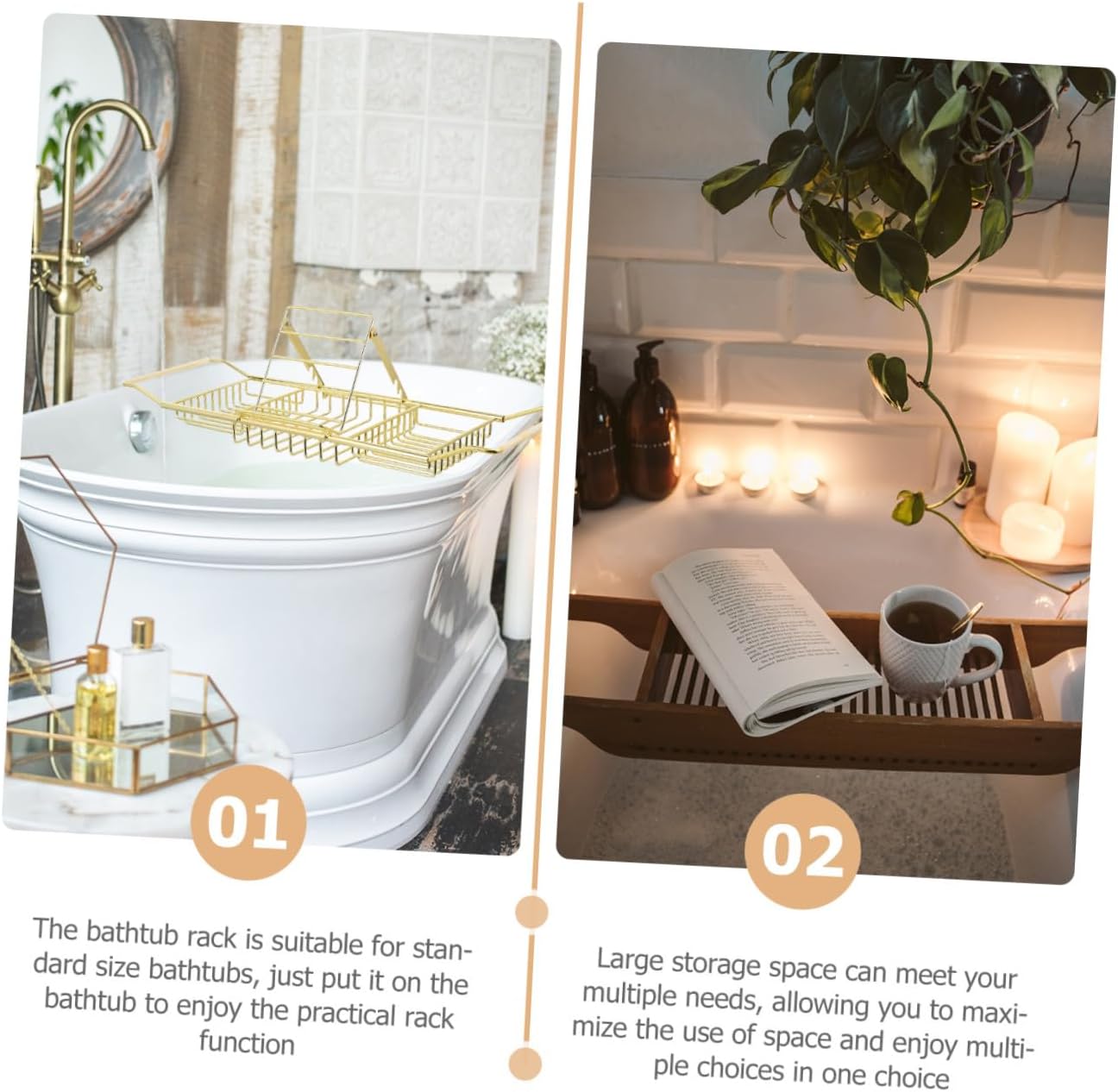 Kichvoe Stainless Steel Bathtub Storage Holder with Retractable Shelf Telescopic Bathroom Phone and Tablet Stand Expandable Up for Bathtubs Golden Finish