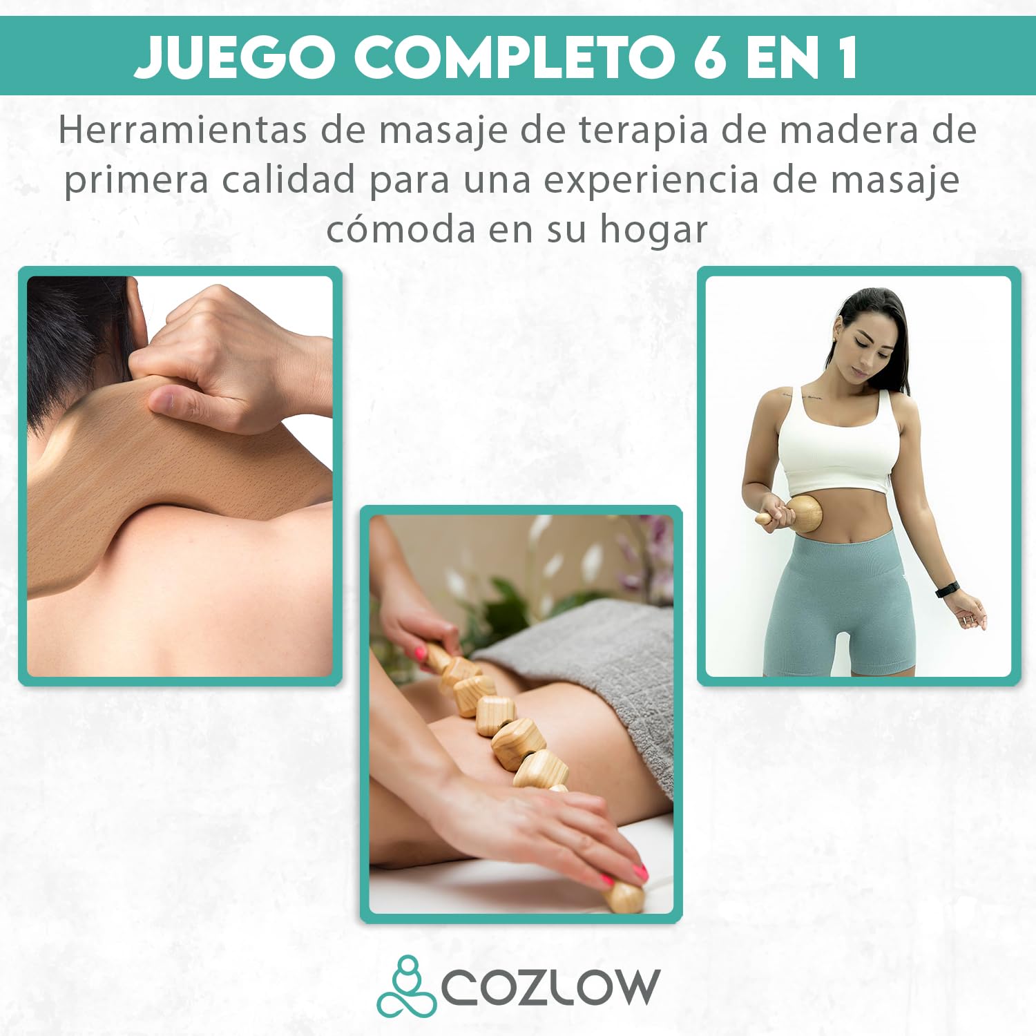 Herramientas de masaje de terapia de madera 6 en 1 - Kit profesional de Maderoterapia para moldear y esculpir el cuerpo - Rodillo de masaje de drenaje linfático - por Cozlow