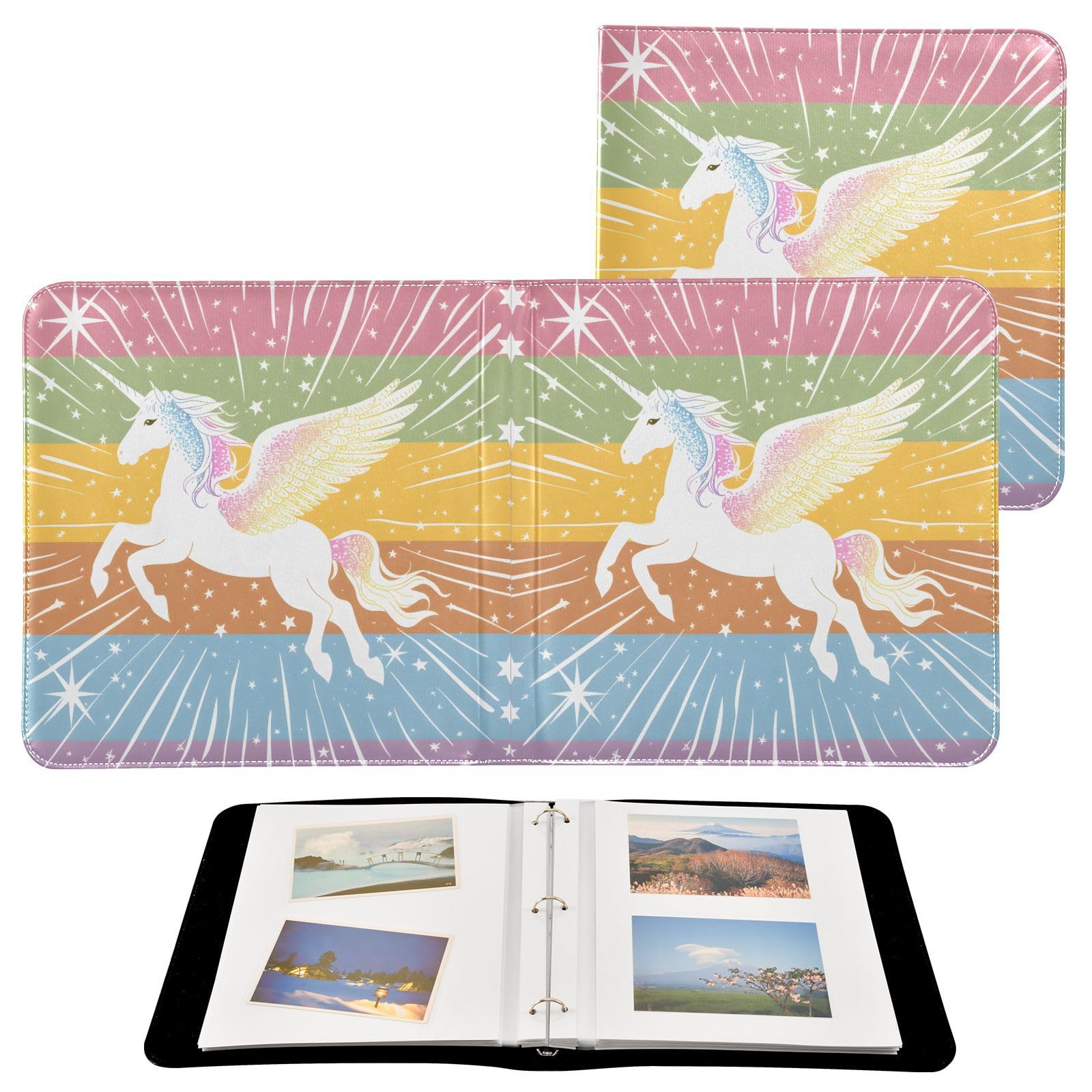 JIPONI Winged Unicorn Large Photo Album, DIY Leather Cover Scrapbook Albums for 4x6 5x7 6x8 Pictures, Self Adhesive Memory Book for Wedding, Baby, Family