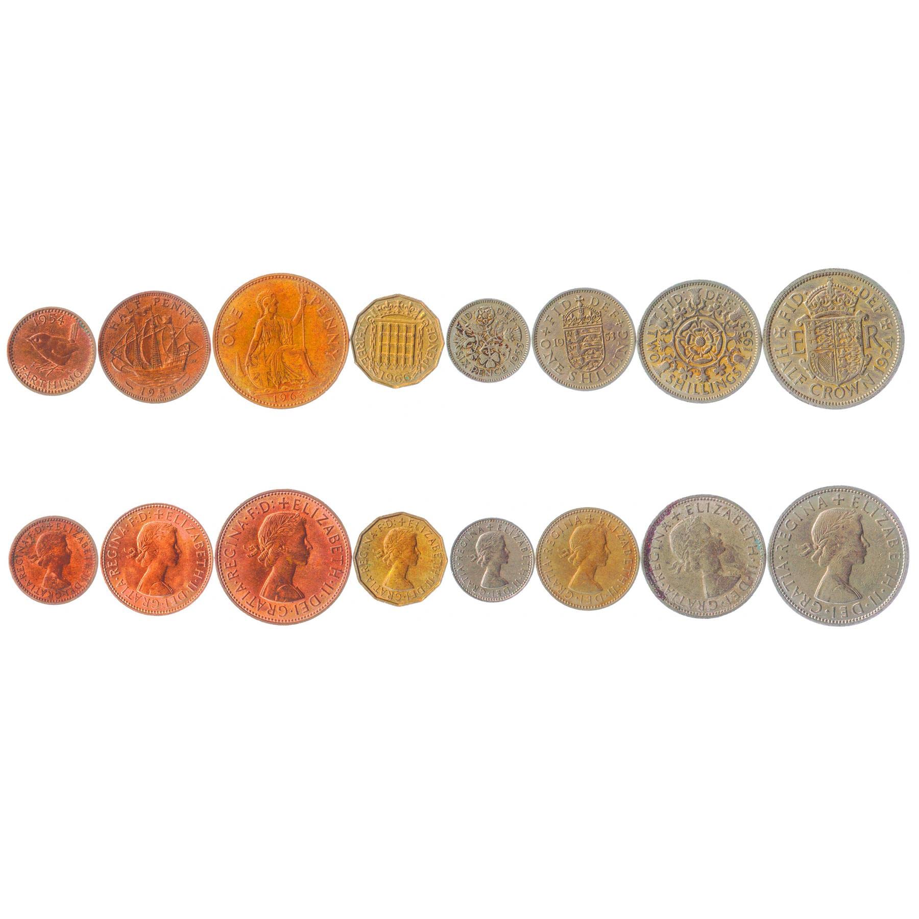 Hobby of Kings 8 monedas de Reino Unido | Colección de monedas británicas 1 Farthing 1/2 1 3 6 peniques 1 2 chelines media corona | 1954-1970 | Isabel II | Wren | Barco | Rosa | Britannia
