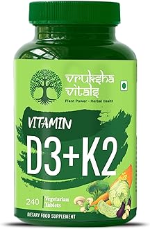 Vruksha Vitals Vit D3 & K2 100% RDA, 240 Tablets - For Adults & Kids - Plant based Vitamin D3 600 IU & Vitamin K2 as MK7 55 mcg, Vitamin D & Vit K Tablets/Capsules Supplement