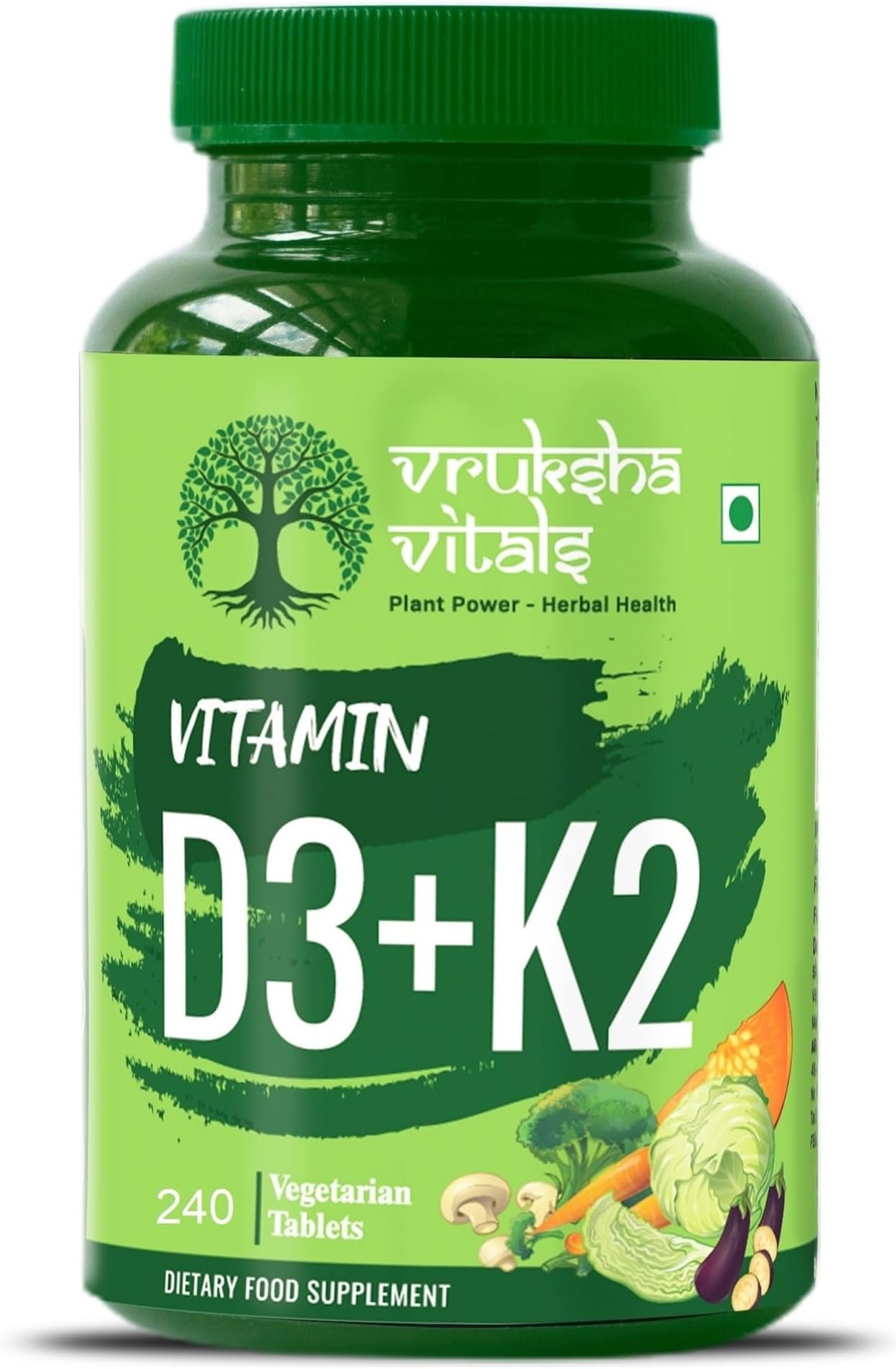 Vruksha Vitals Vit D3 & K2 100% RDA, 240 Tablets - For Adults & Kids - Plant based Vitamin D3 600 IU & Vitamin K2 as MK7 55 mcg, Vitamin D & Vit K Tablets/Capsules Supplement