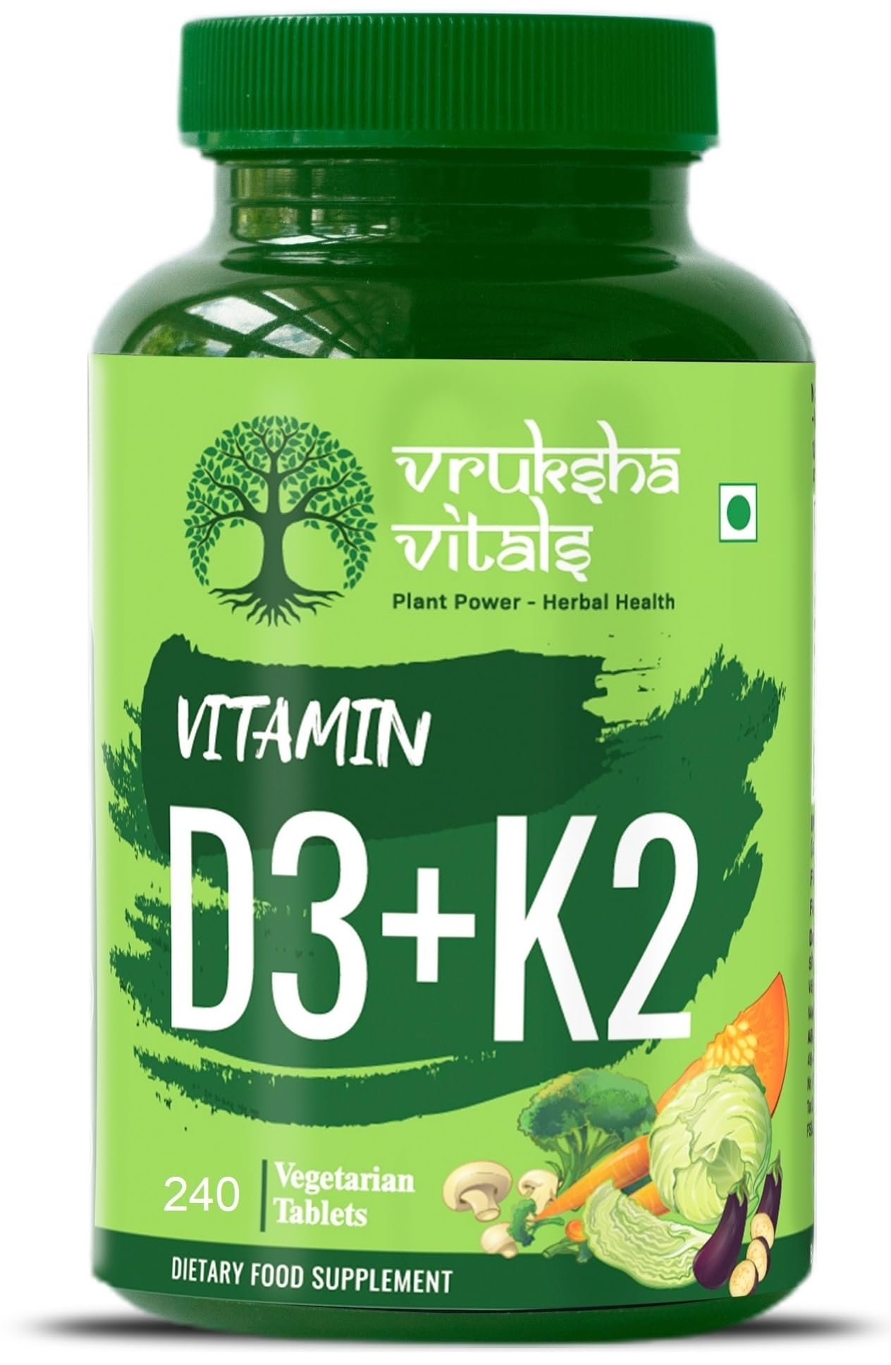 Vit D3 & K2 100% RDA, 240 Tablets - For Adults & Kids - Plant based Vitamin D3 600 IU & Vitamin K2 as MK7 55 mcg, Vitamin D & Vit K Tablets/Capsules Supplement