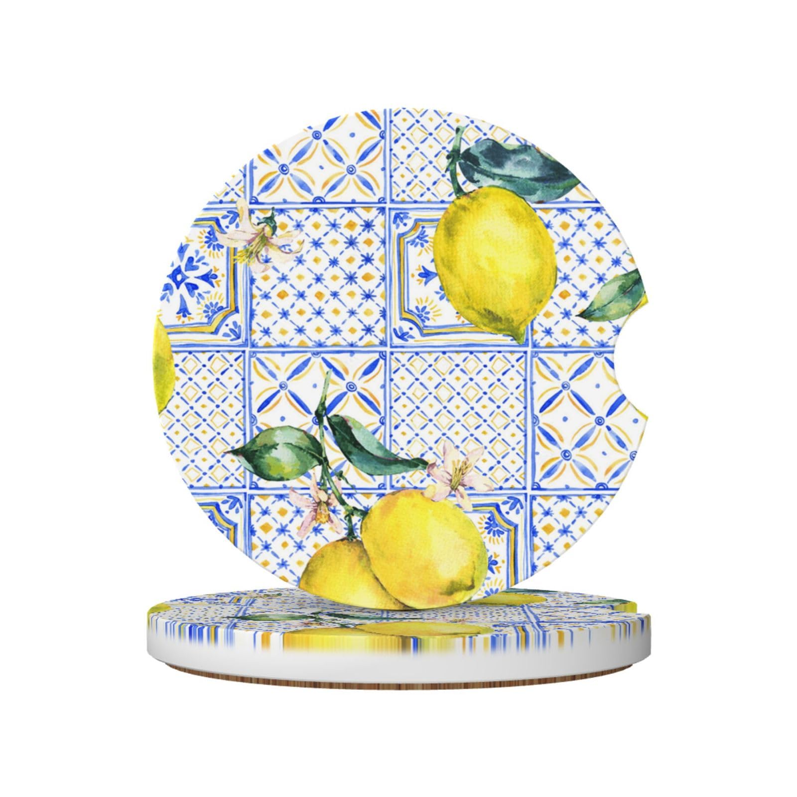 Vintage Lemon Summer Fruit Ethnic Blue, Car Cup Holder Coasters 2 Pack, Absorbent Ceramic Car Coasters with Non Slip Cork Base