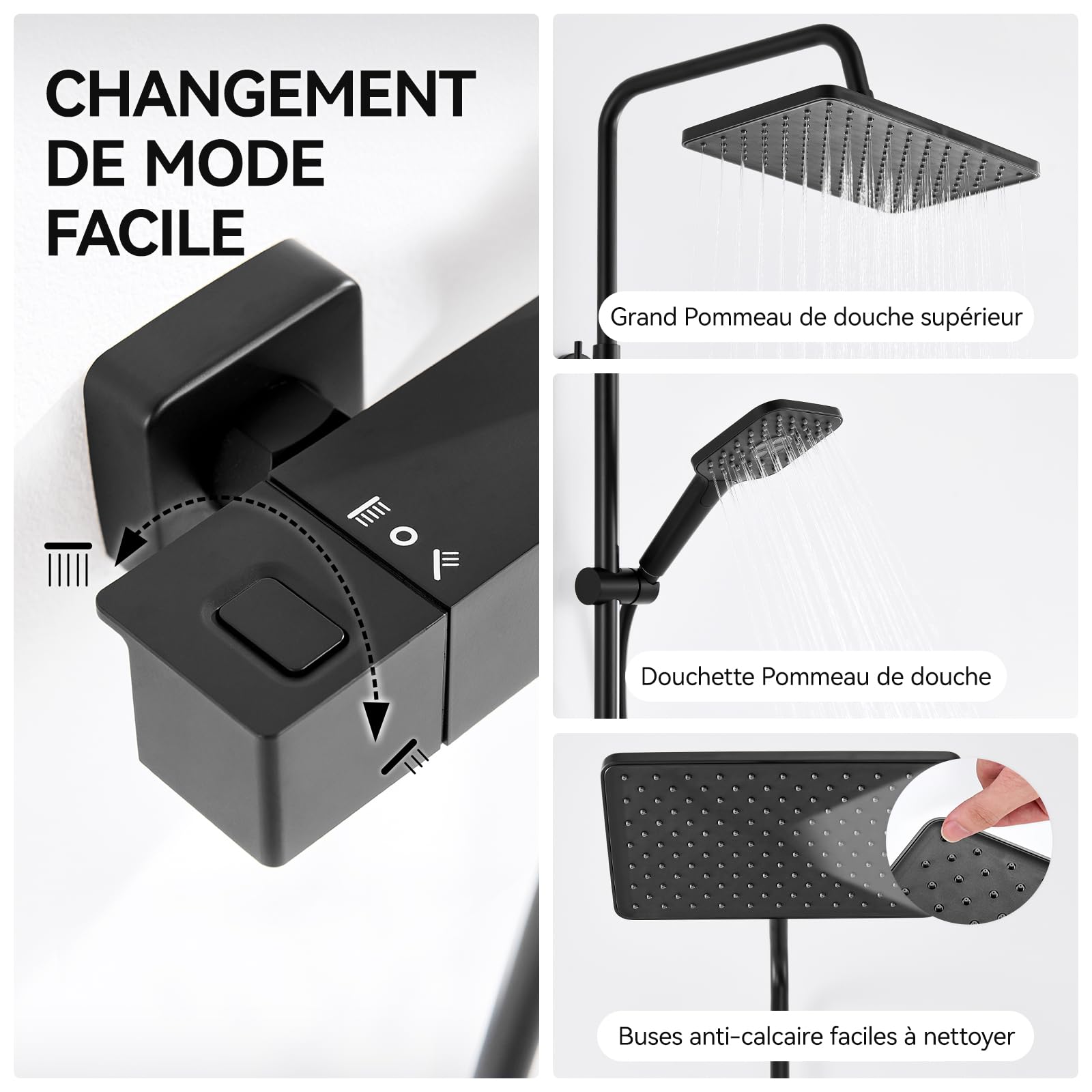 Auralum Colonne de Douche Thermostatique Noir, Ensemble de Colonne de Douche Murale Réglable avec Mitigeur Salle de Bain Robinet, 30x19CM Douche de Tête, Carré Shower Bar Douche Plafonnier Mitigeur